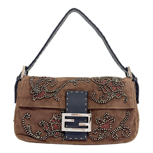 Baguette Embroidered Brown Suede Selleria Trim Shoulder Bag