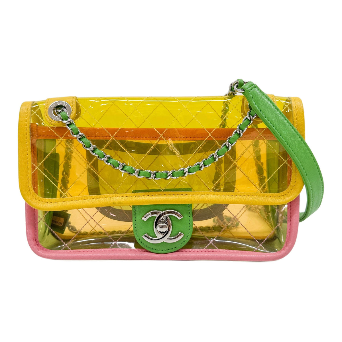Coco Splash PVC Flap 2018 Green Strap on Matelasse Multicolor Clear Vinyl Shoulder Bag