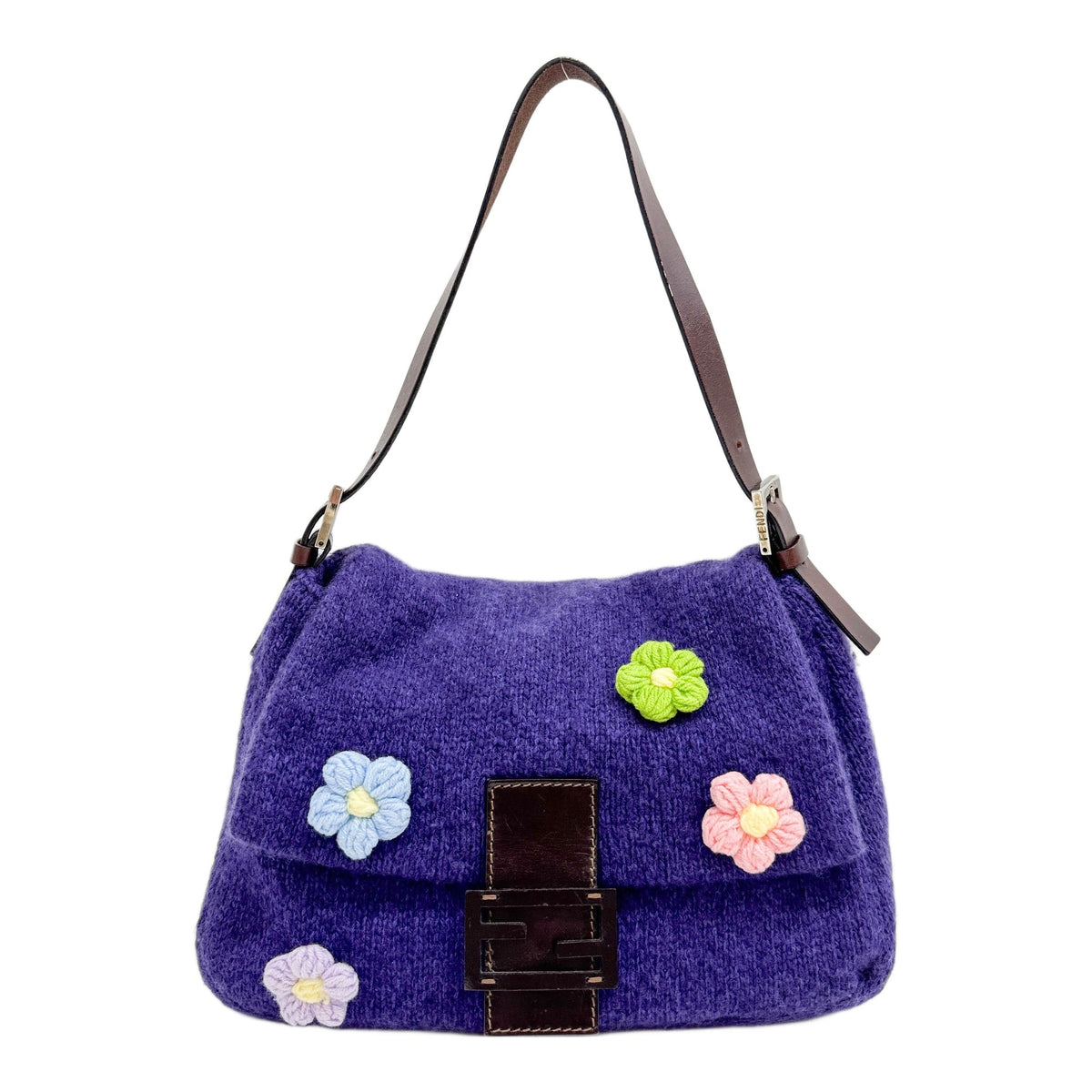 Mamma Baguette Floral Applique Knit Purple Wool Shoulder Bag