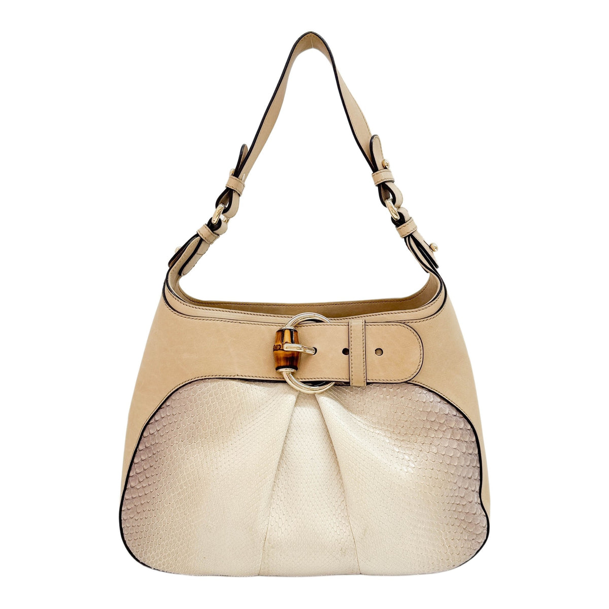 Bamboo Buckle Light Brown Trim on Beige Python Embossed Leather Shoulder Bag