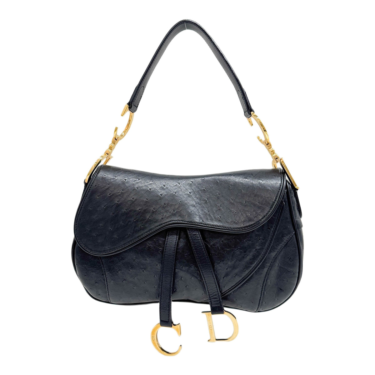 Double Saddle Black Ostrich Embossed Leather Shoulder Bag