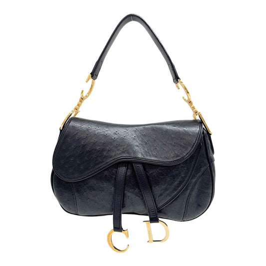Double Saddle Black Ostrich Embossed Leather Shoulder Bag