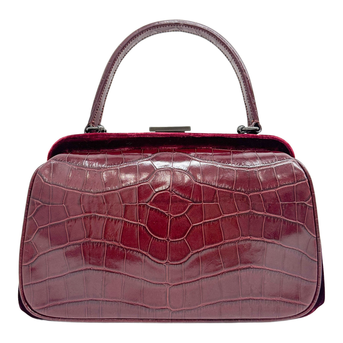 Bordeaux Red Velvet Trim Crocodile Embossed Leather Two Way Bag