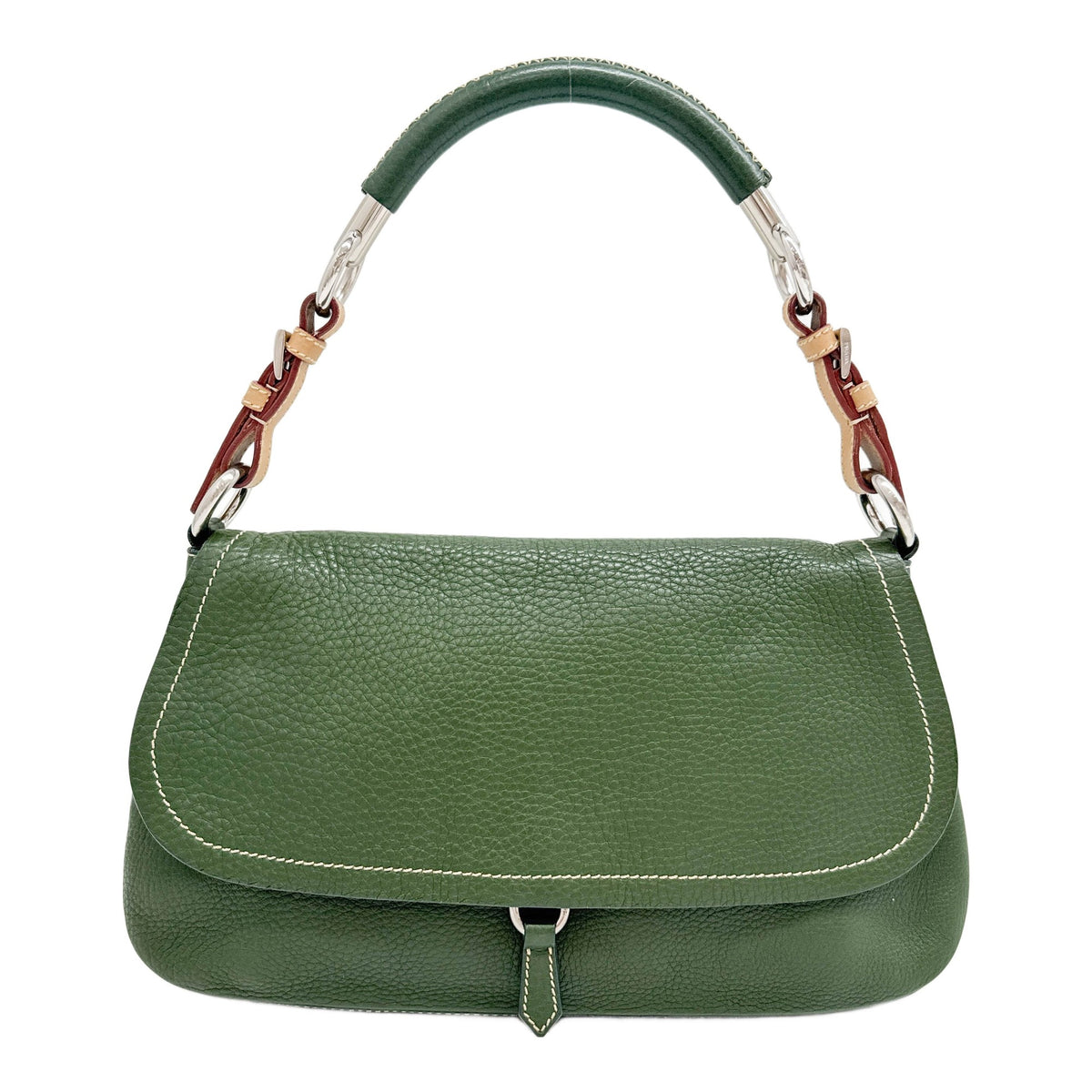 Semitracolla Flap Triangle Plaque on Green Pebbled Leather Shoulder Bag