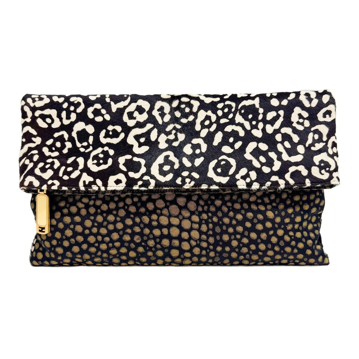 Flat Brown and White Leopard Print Pony Hair with Pebbled Gold Canvas Back Clutch Bag