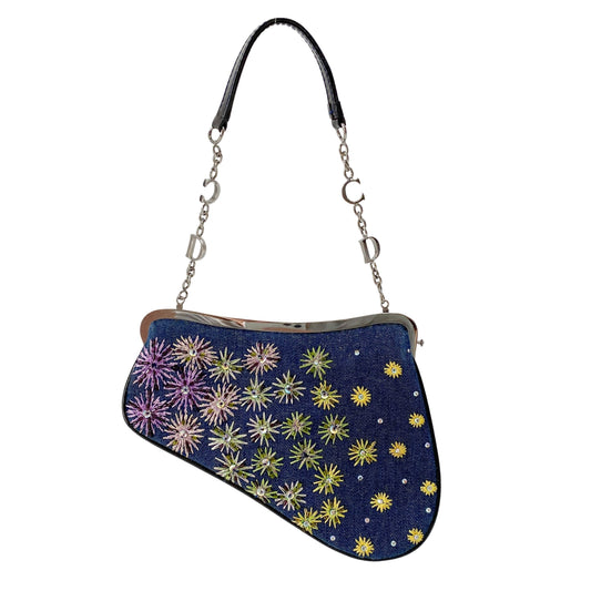 Saddle Denim Bead Embroidery Mini Chain Handle Bag