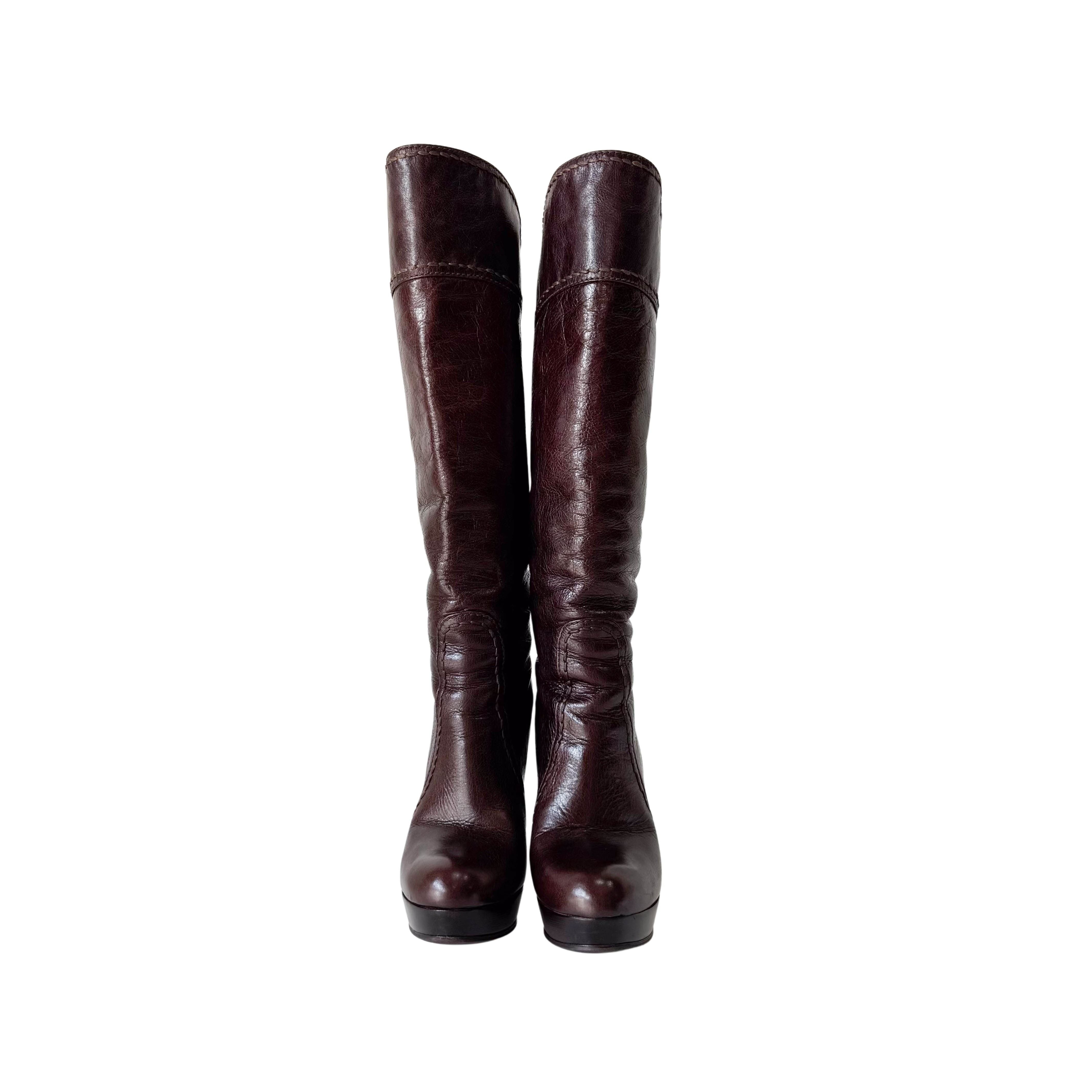 Size 36 1/2 Brown Leather Tall Heel Boots