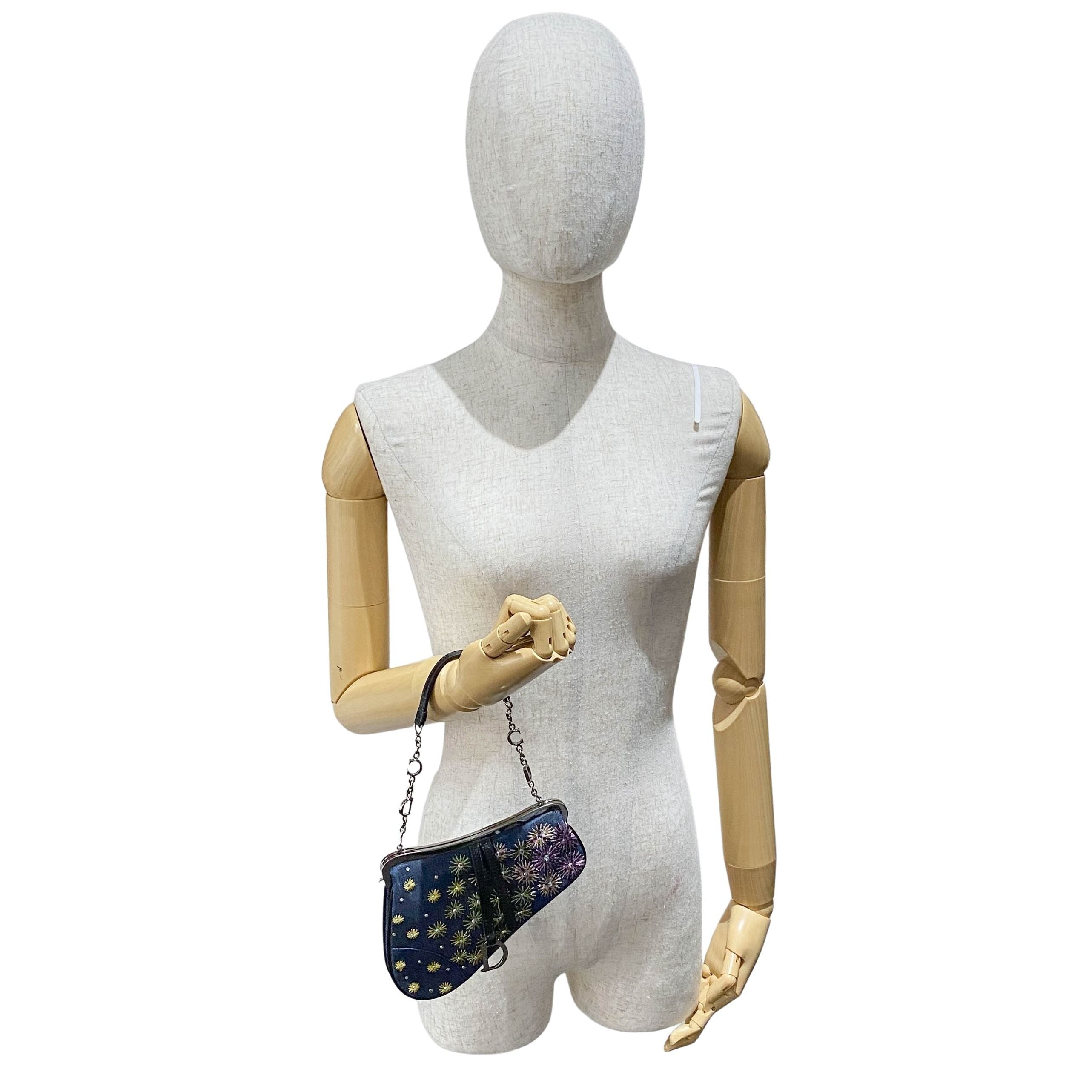 Saddle Denim Bead Embroidery Mini Chain Handle Bag