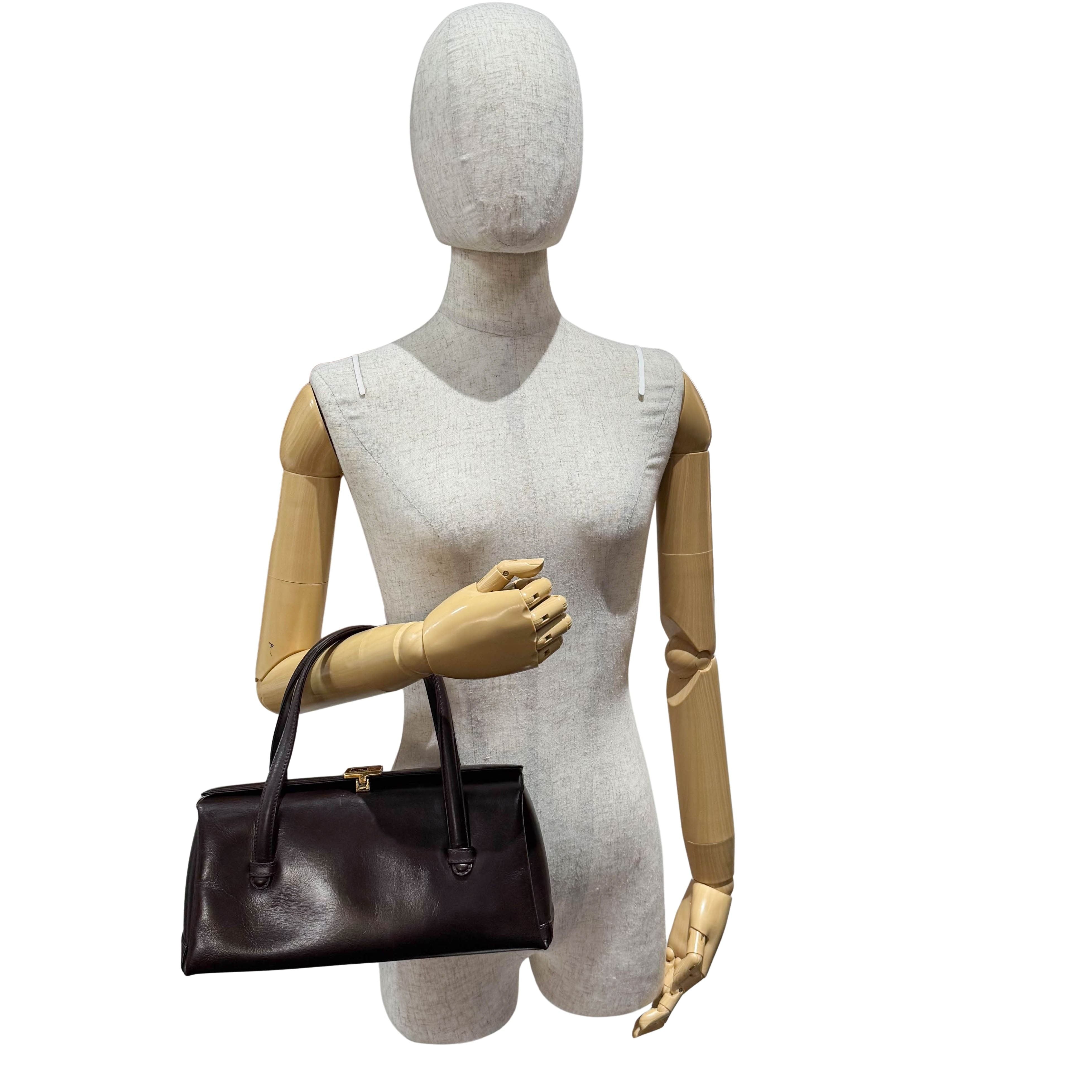 G Buckle Top Brown Leather Handbag