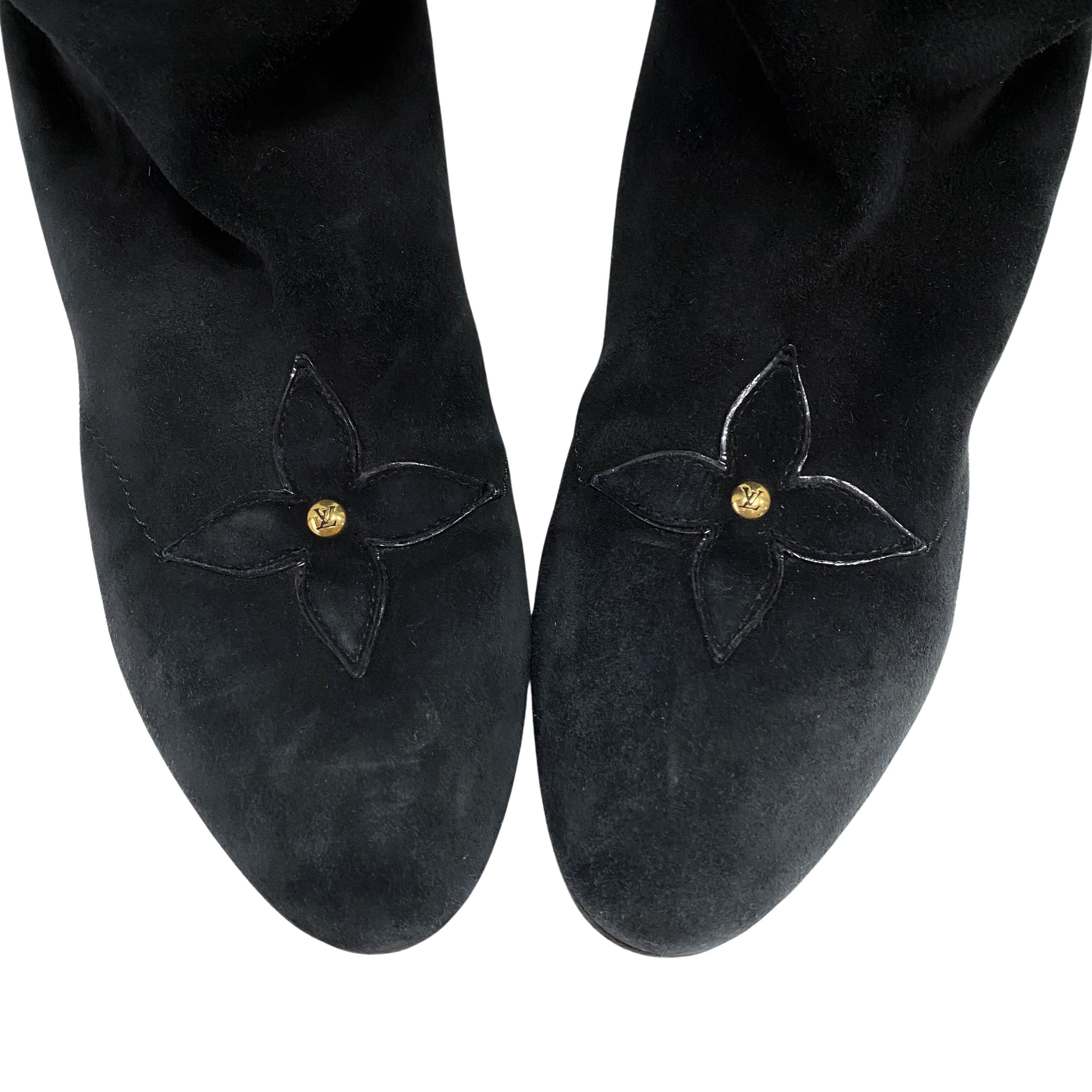 35 1/2 Black Suede Leopard Print Pony Hair Tall Boots