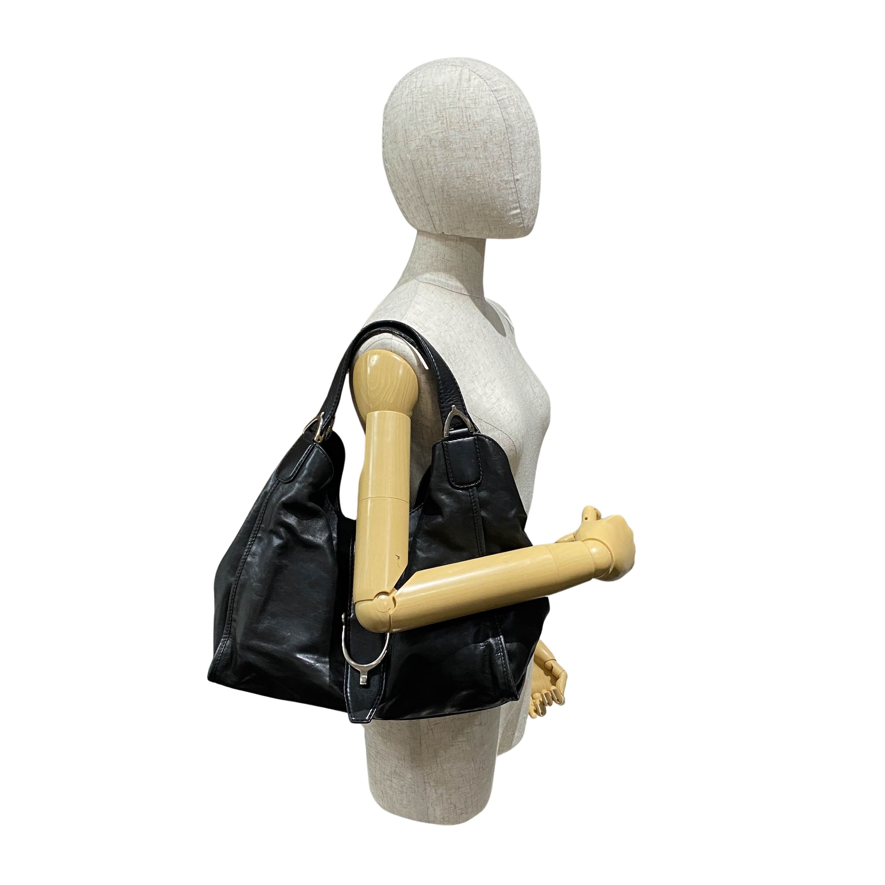 Horsebit Black Leather Shoulder Bag