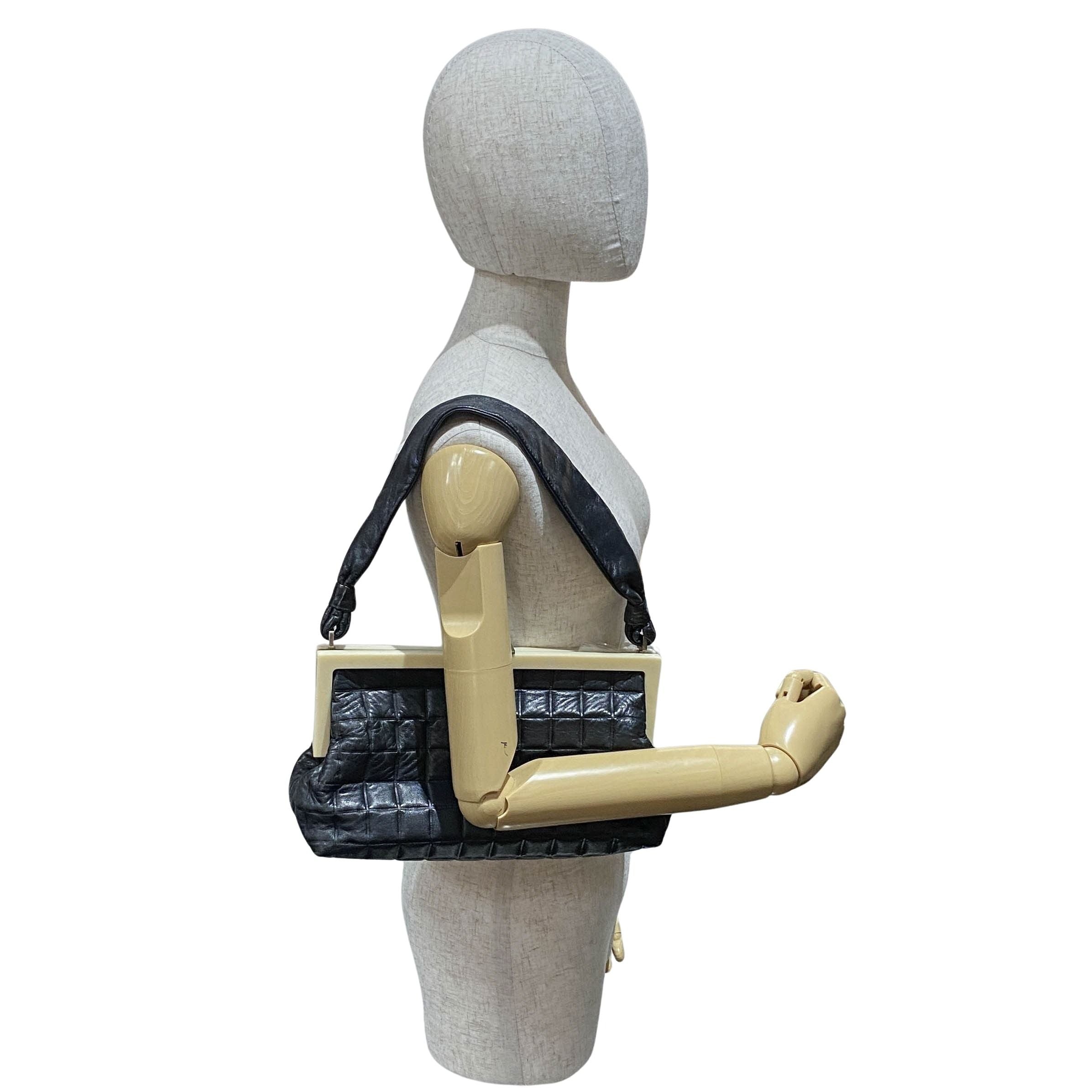 Vintage Chocolate Bar Black Quilted Lambskin Shoulder Bag