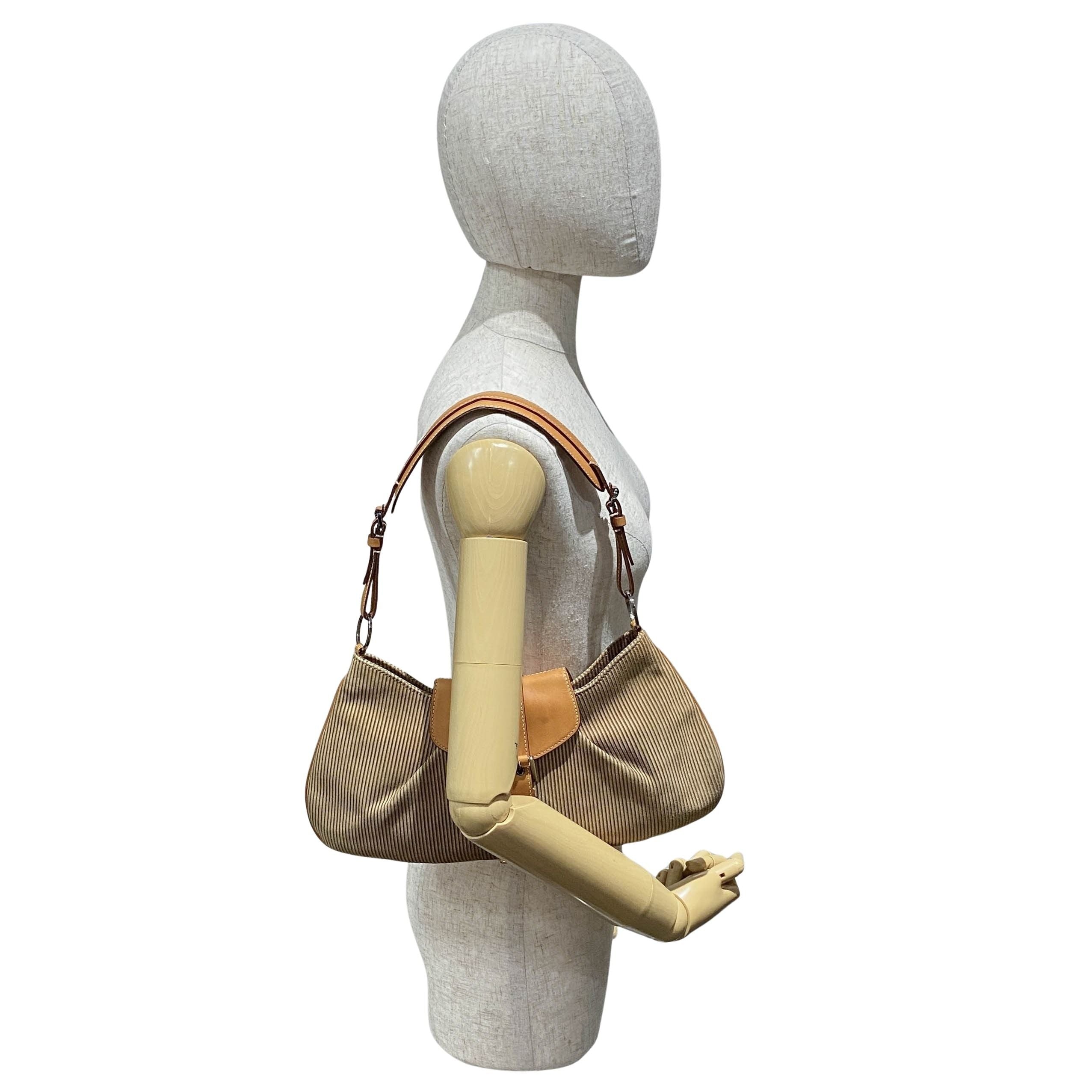 Beige Striped Suede Hobo Shoulder Bag