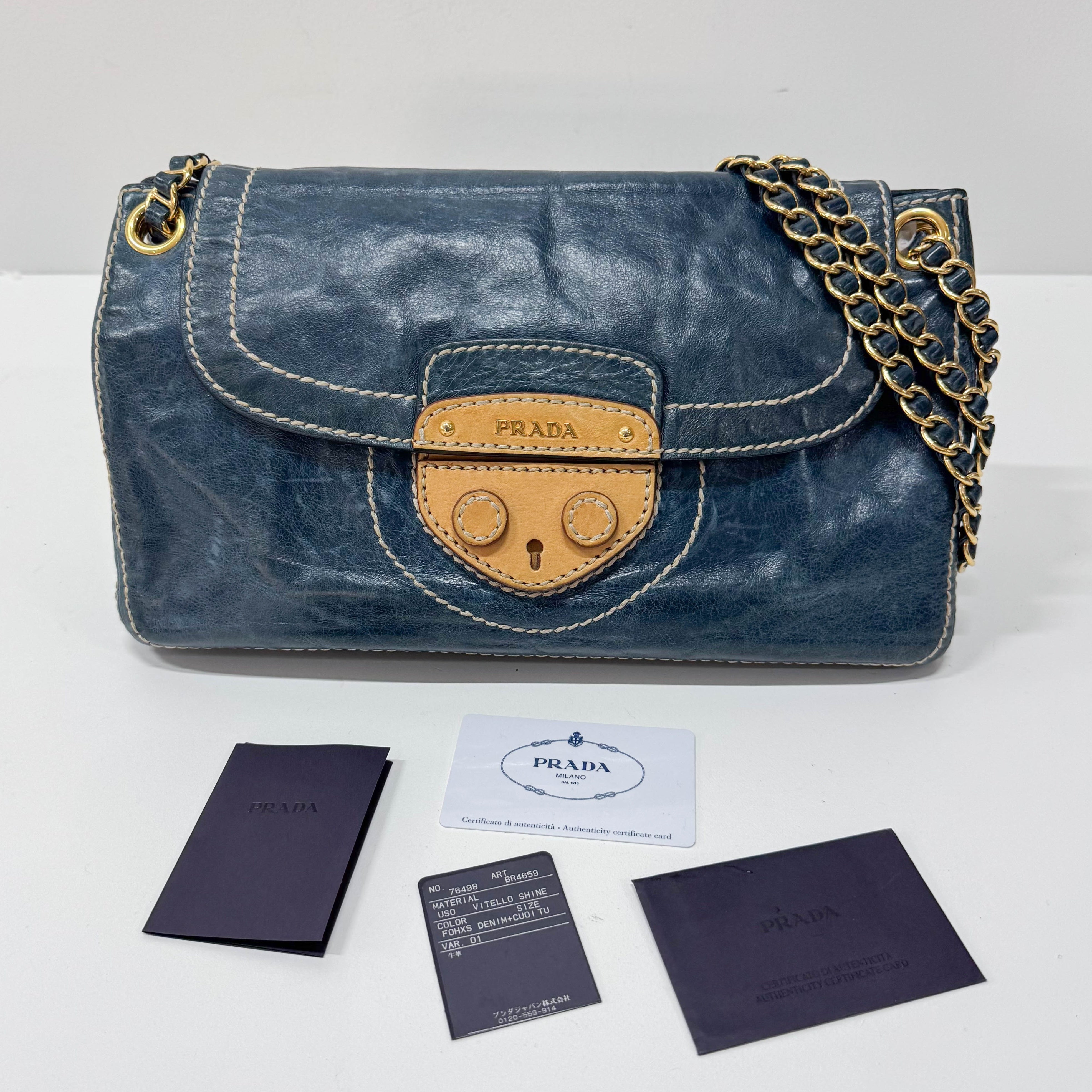 Blue Calfskin Leather Shoulder Bag