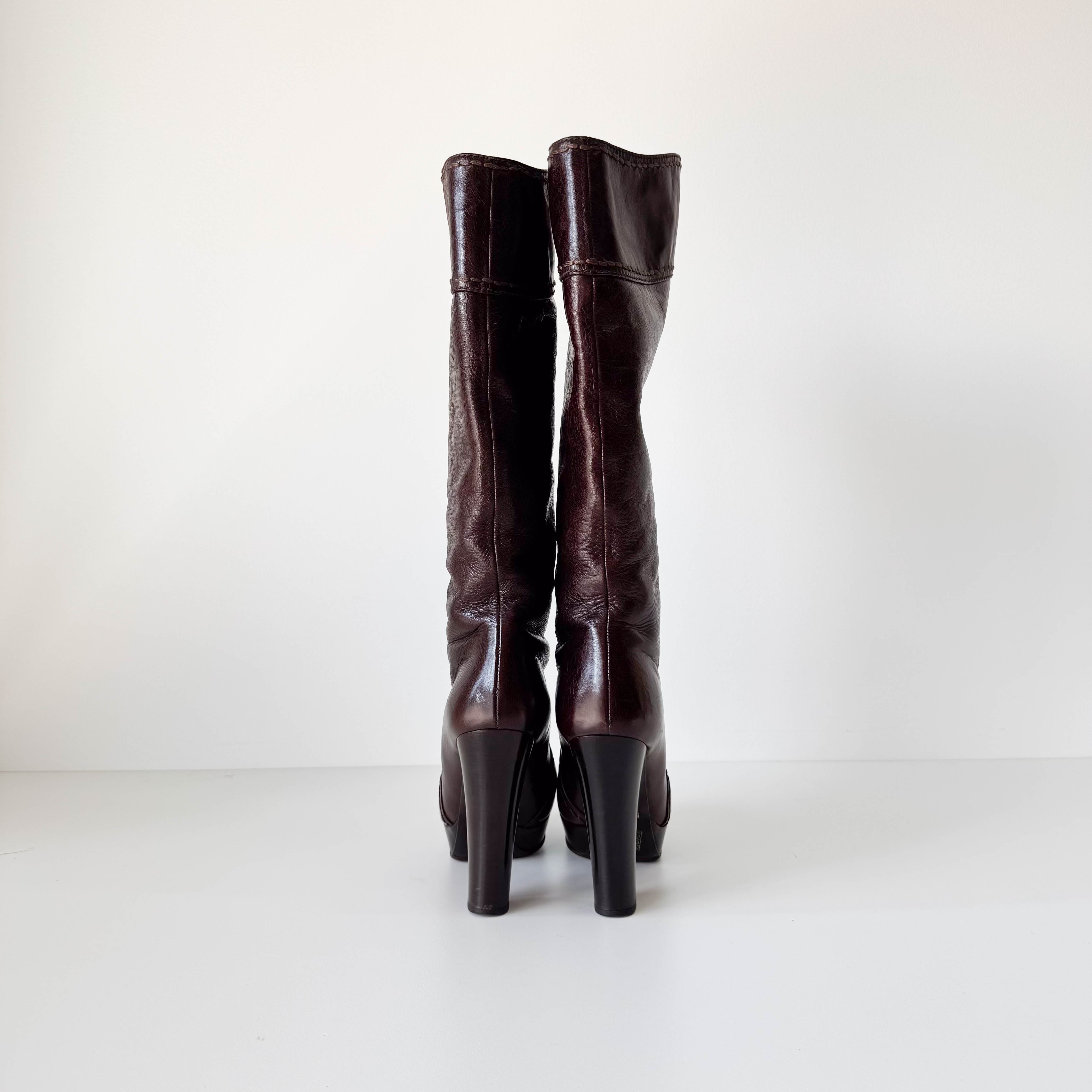 Size 36 1/2 Brown Leather Tall Heel Boots