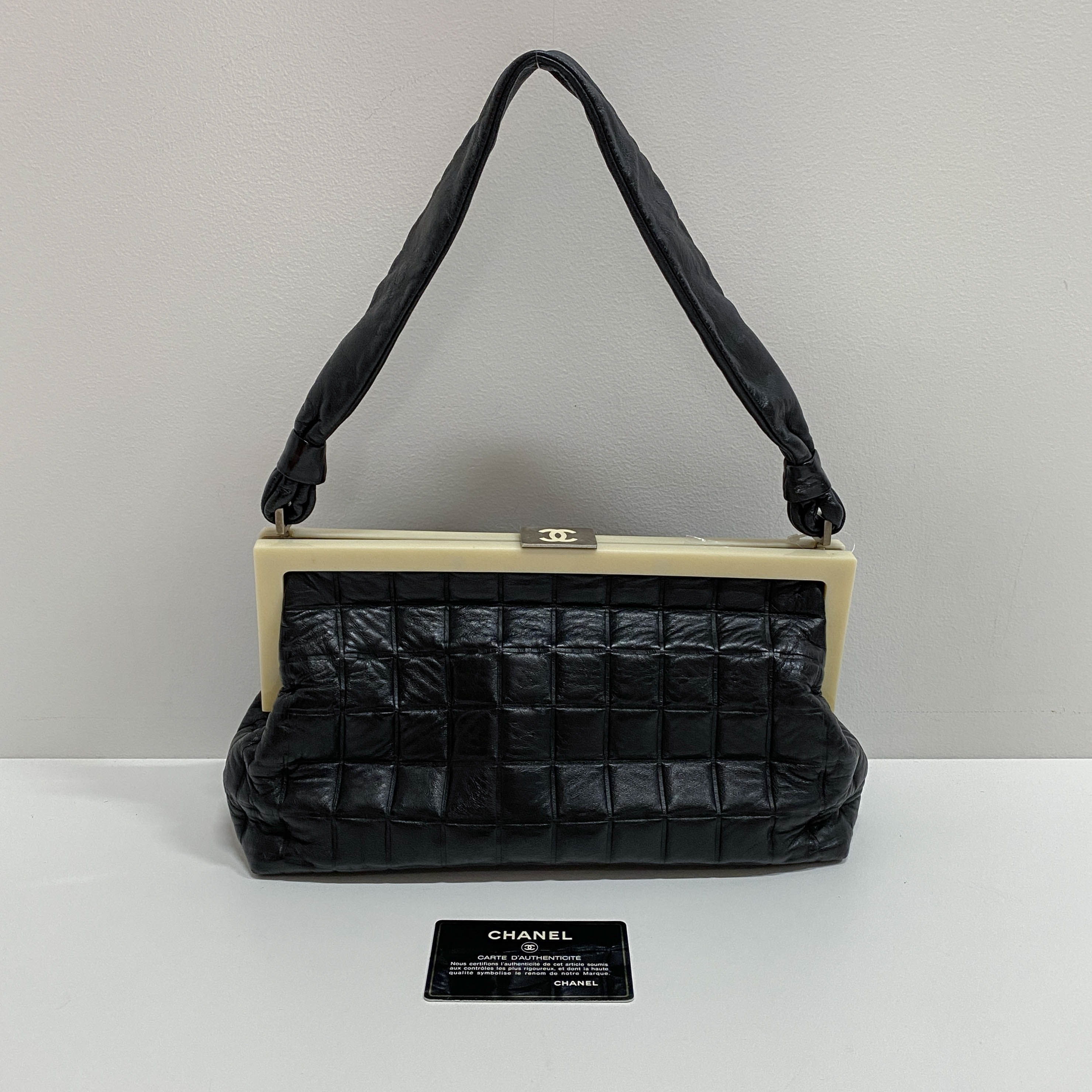 Vintage Chocolate Bar Black Quilted Lambskin Shoulder Bag