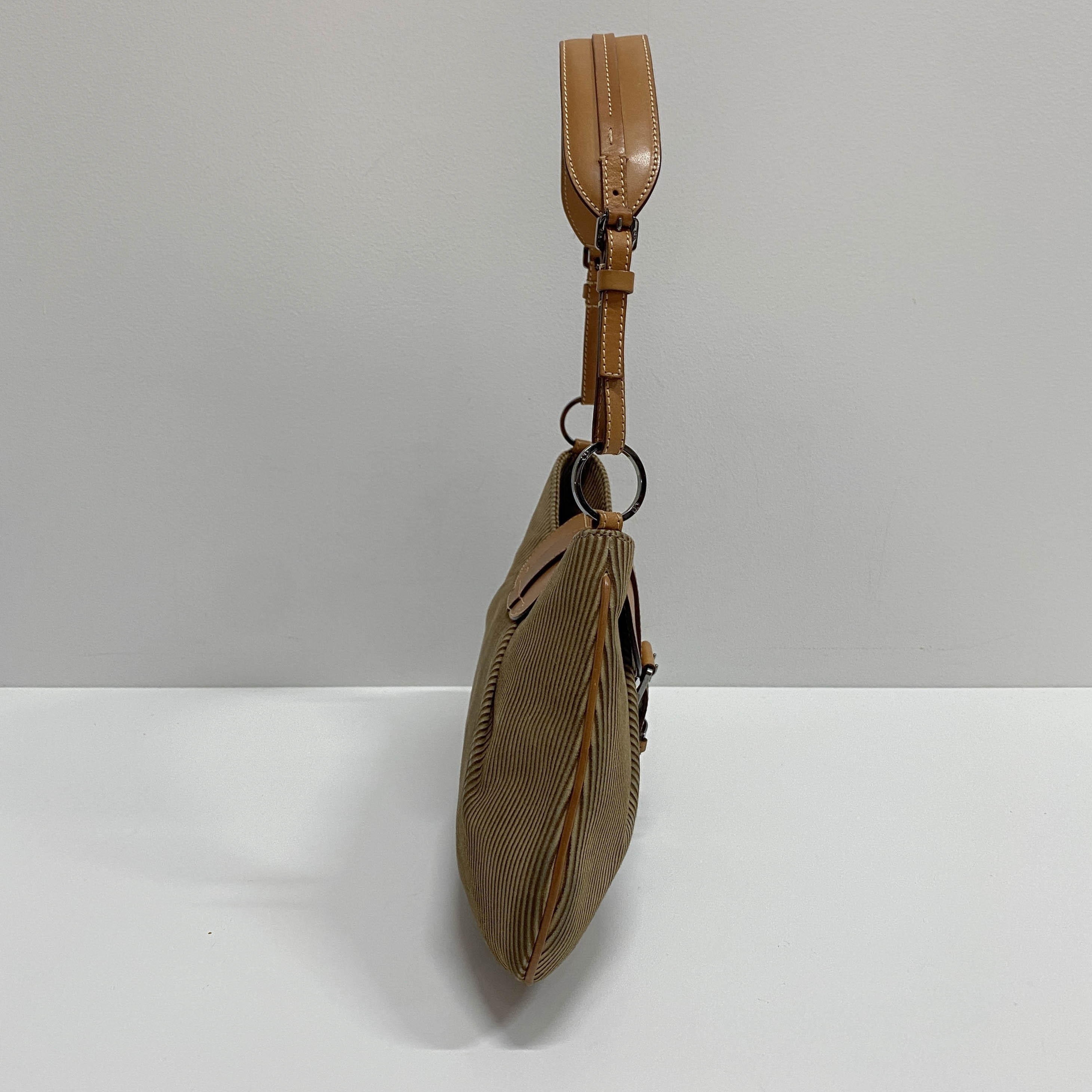 Beige Striped Suede Hobo Shoulder Bag