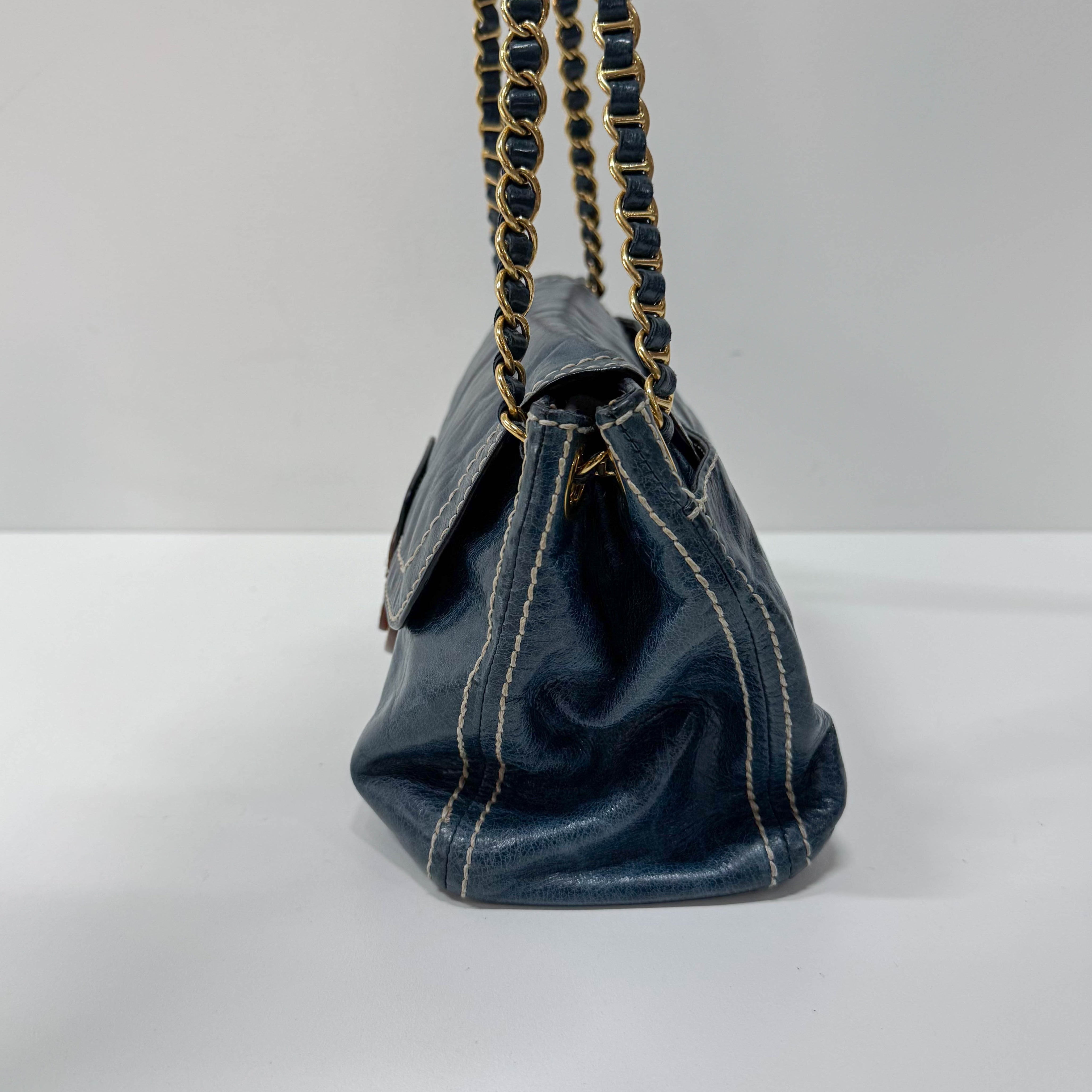 Blue Calfskin Leather Shoulder Bag