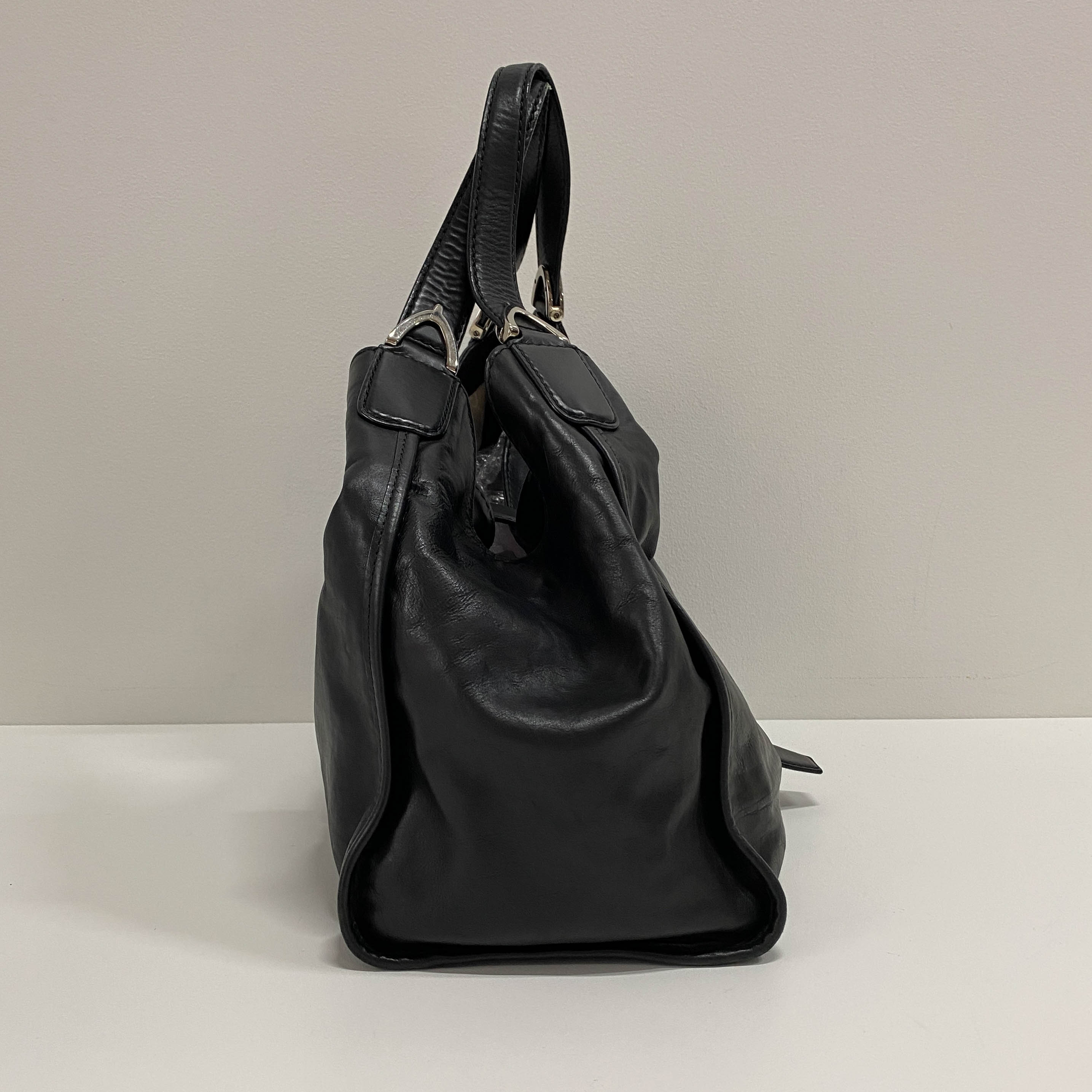 Horsebit Black Leather Shoulder Bag