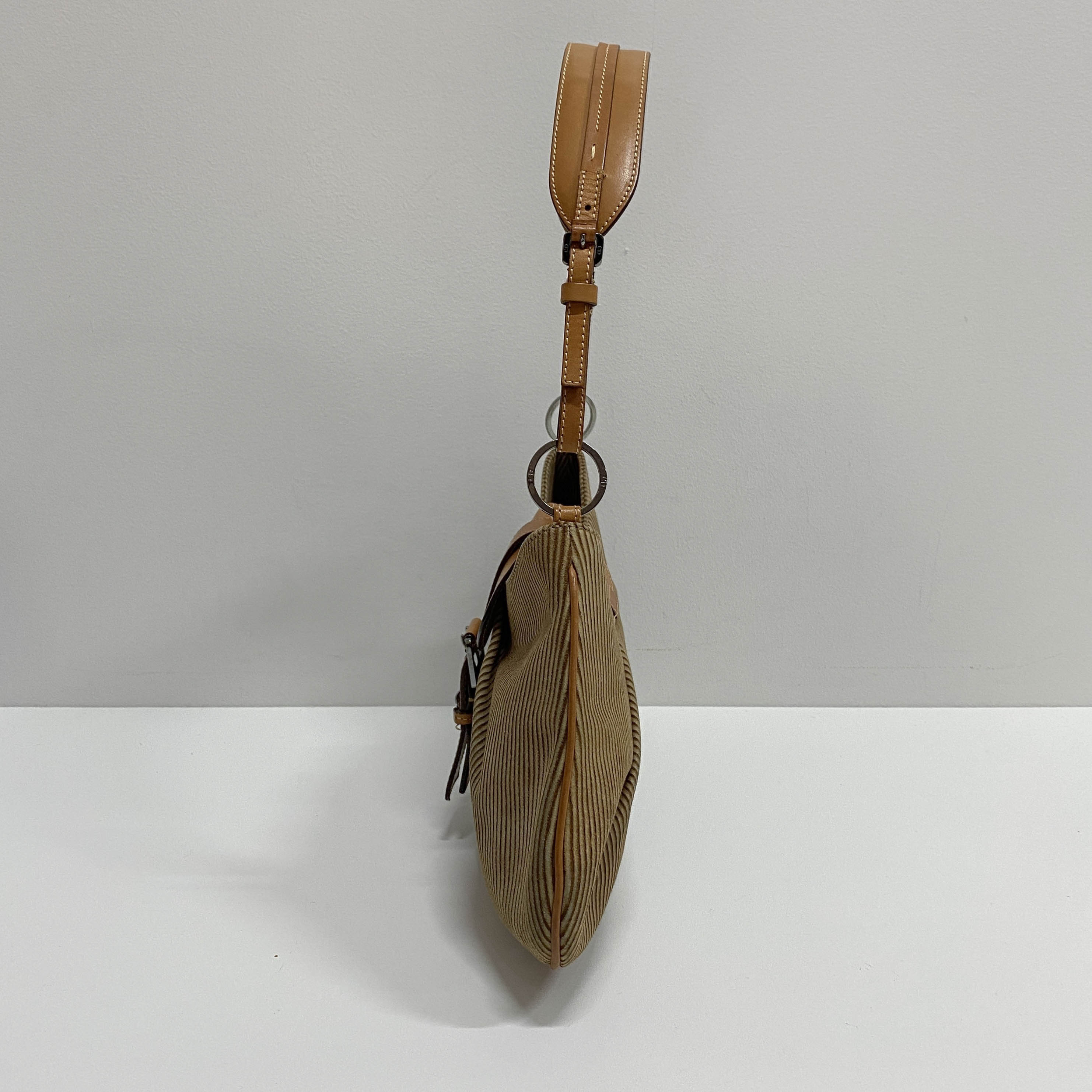 Beige Striped Suede Hobo Shoulder Bag