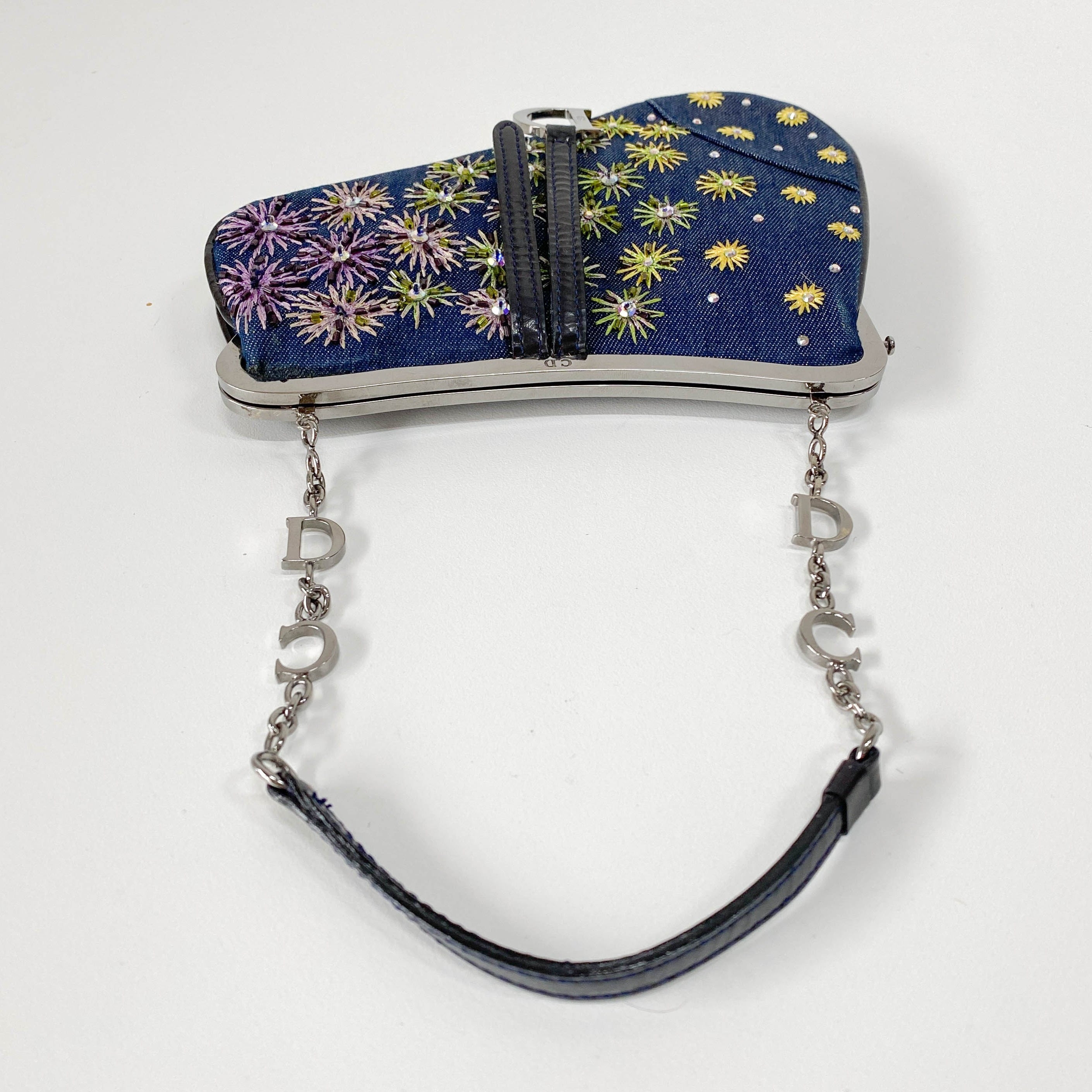 Saddle Denim Bead Embroidery Mini Chain Handle Bag