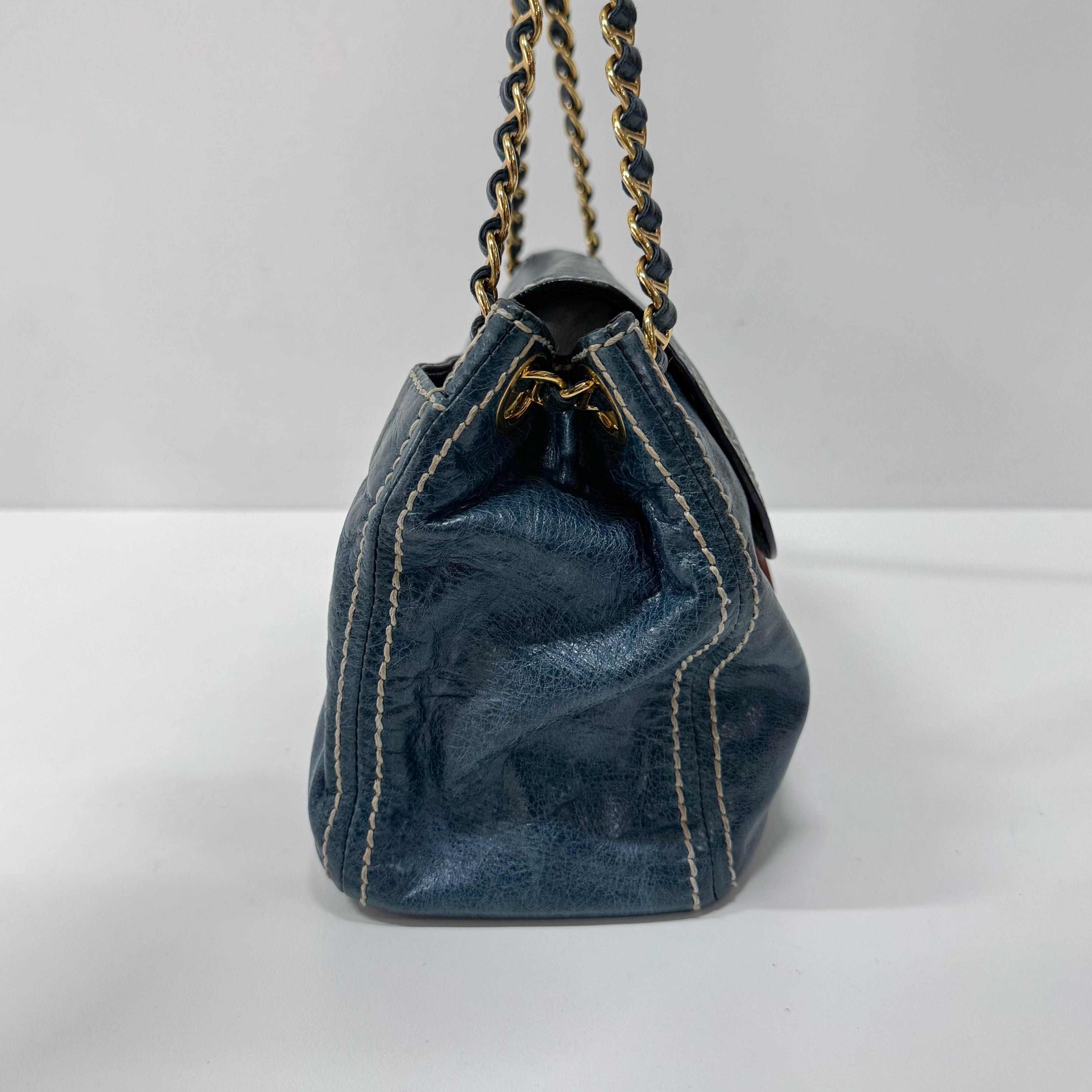 Blue Calfskin Leather Shoulder Bag