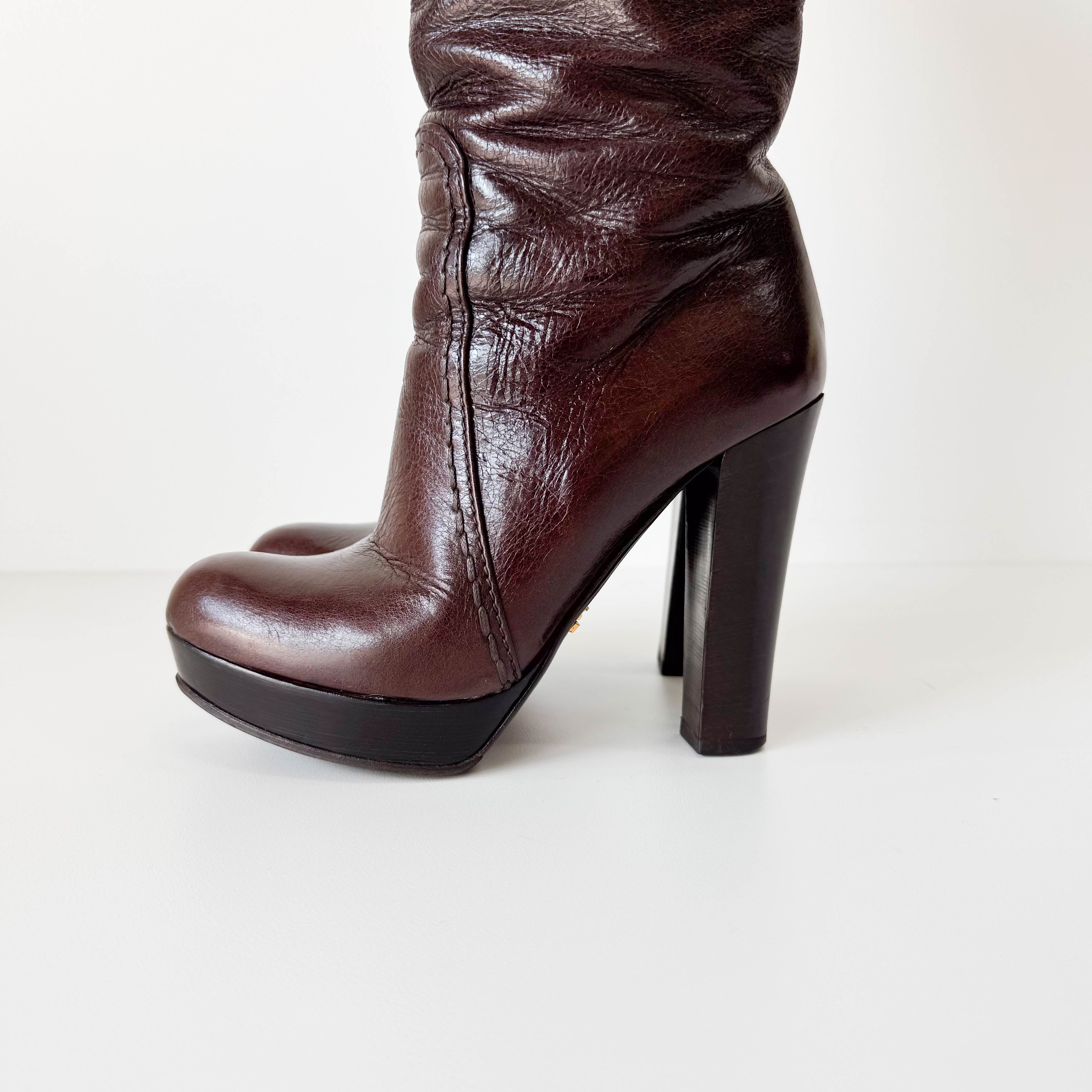 Size 36 1/2 Brown Leather Tall Heel Boots