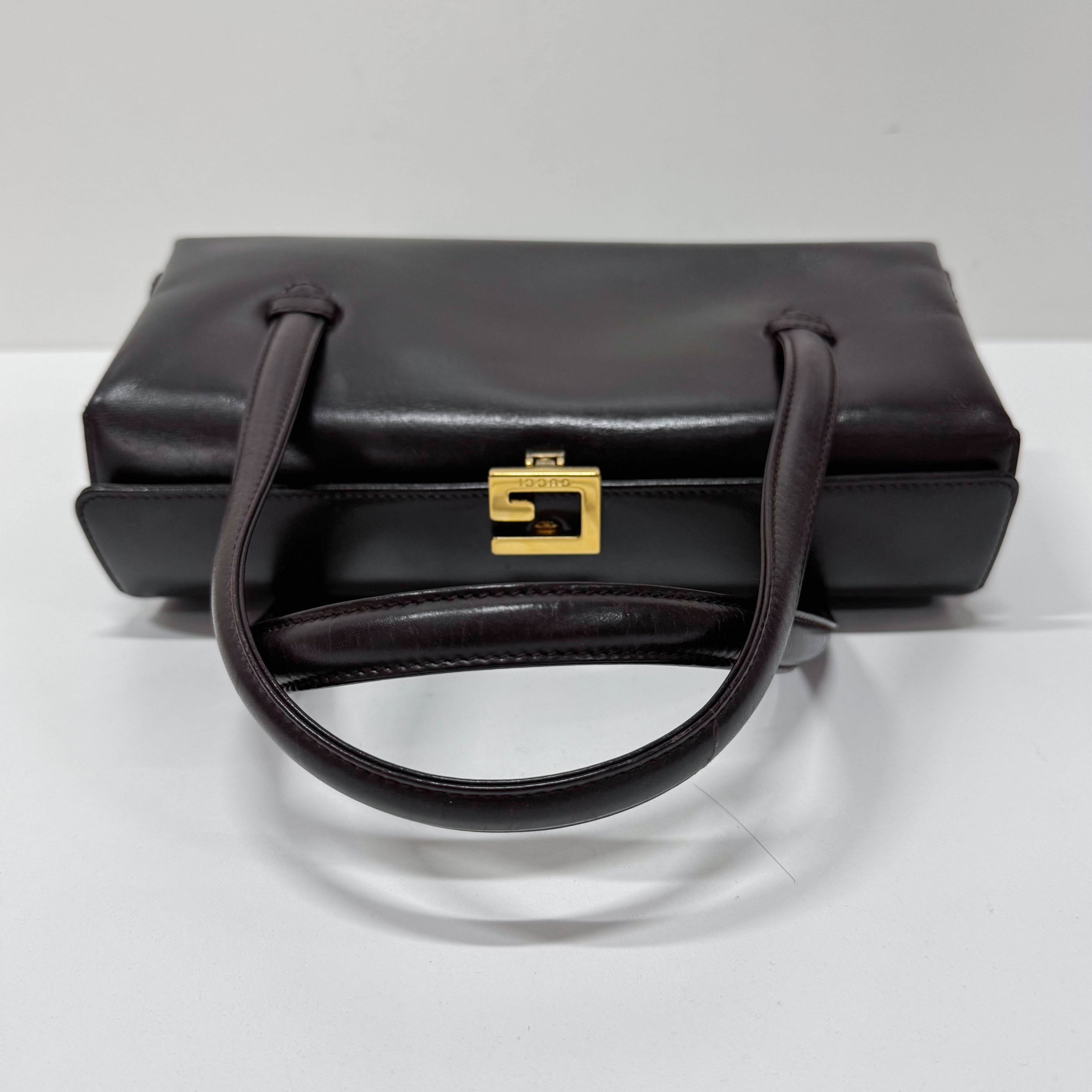 G Buckle Top Brown Leather Handbag