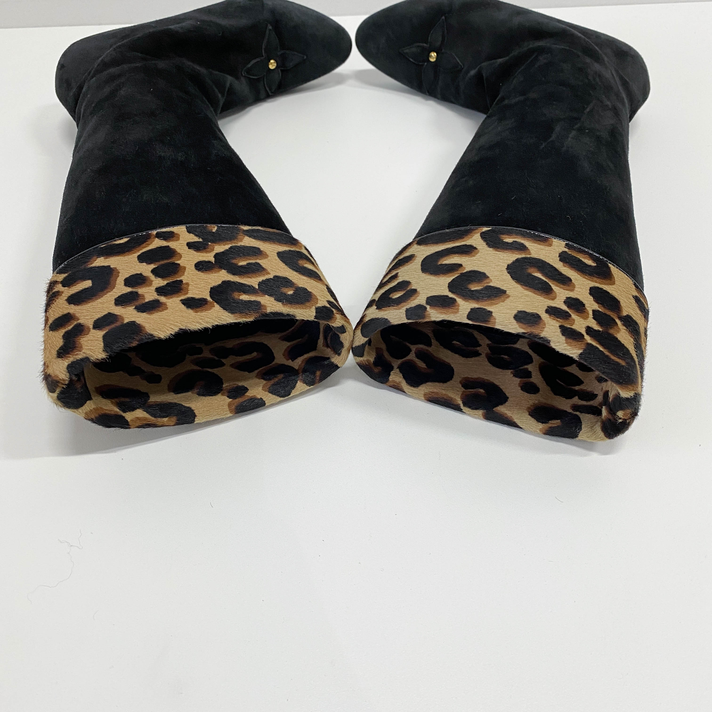 35 1/2 Black Suede Leopard Print Pony Hair Tall Boots