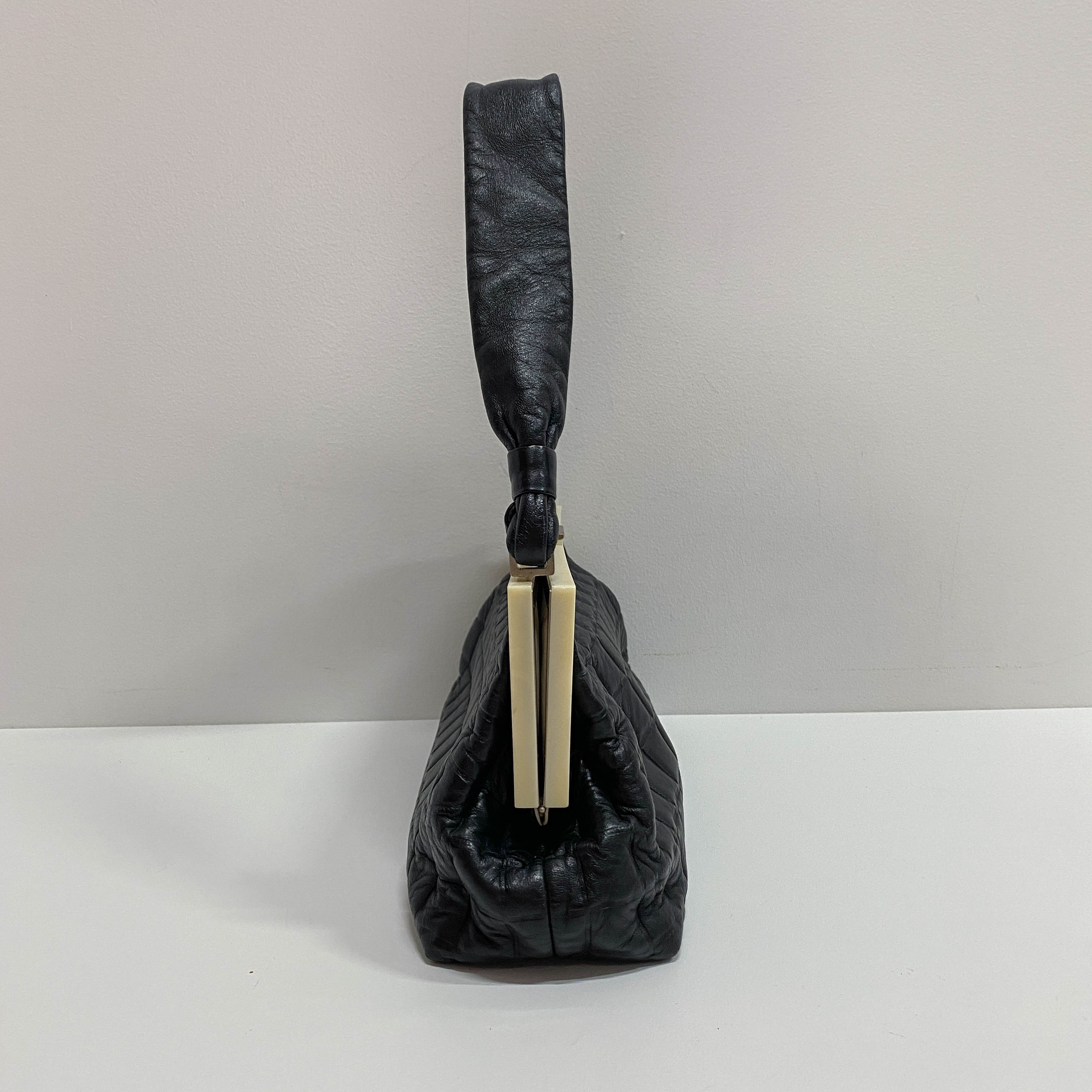 Vintage Chocolate Bar Black Quilted Lambskin Shoulder Bag