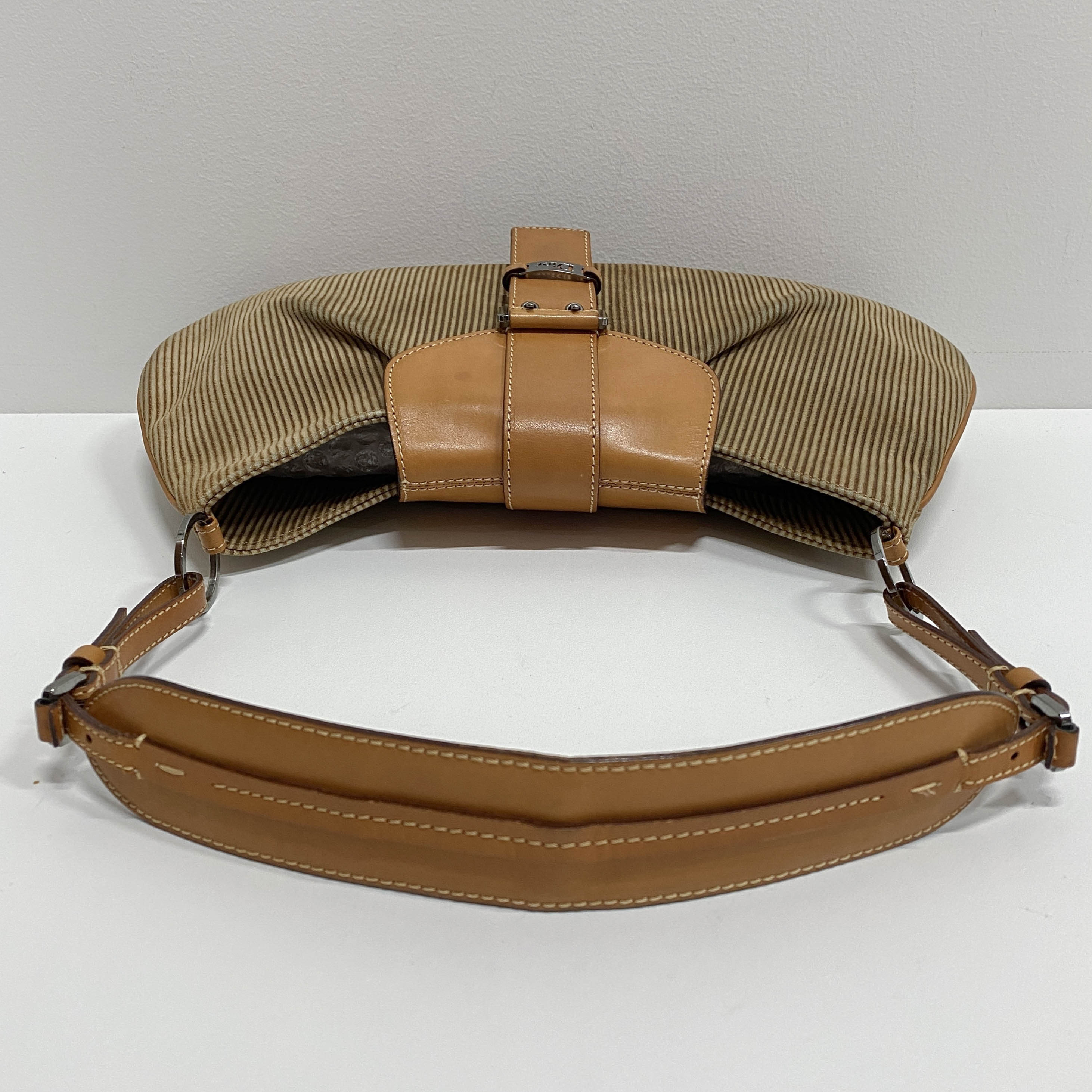 Beige Striped Suede Hobo Shoulder Bag