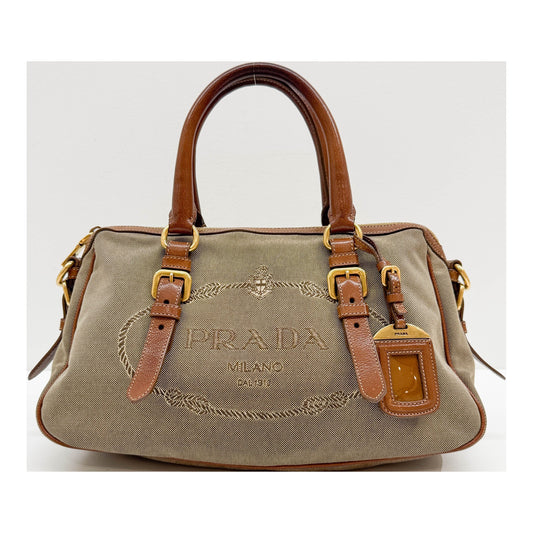 Boston Leather Trim Brown Jacquard Canvas Two Way Bag