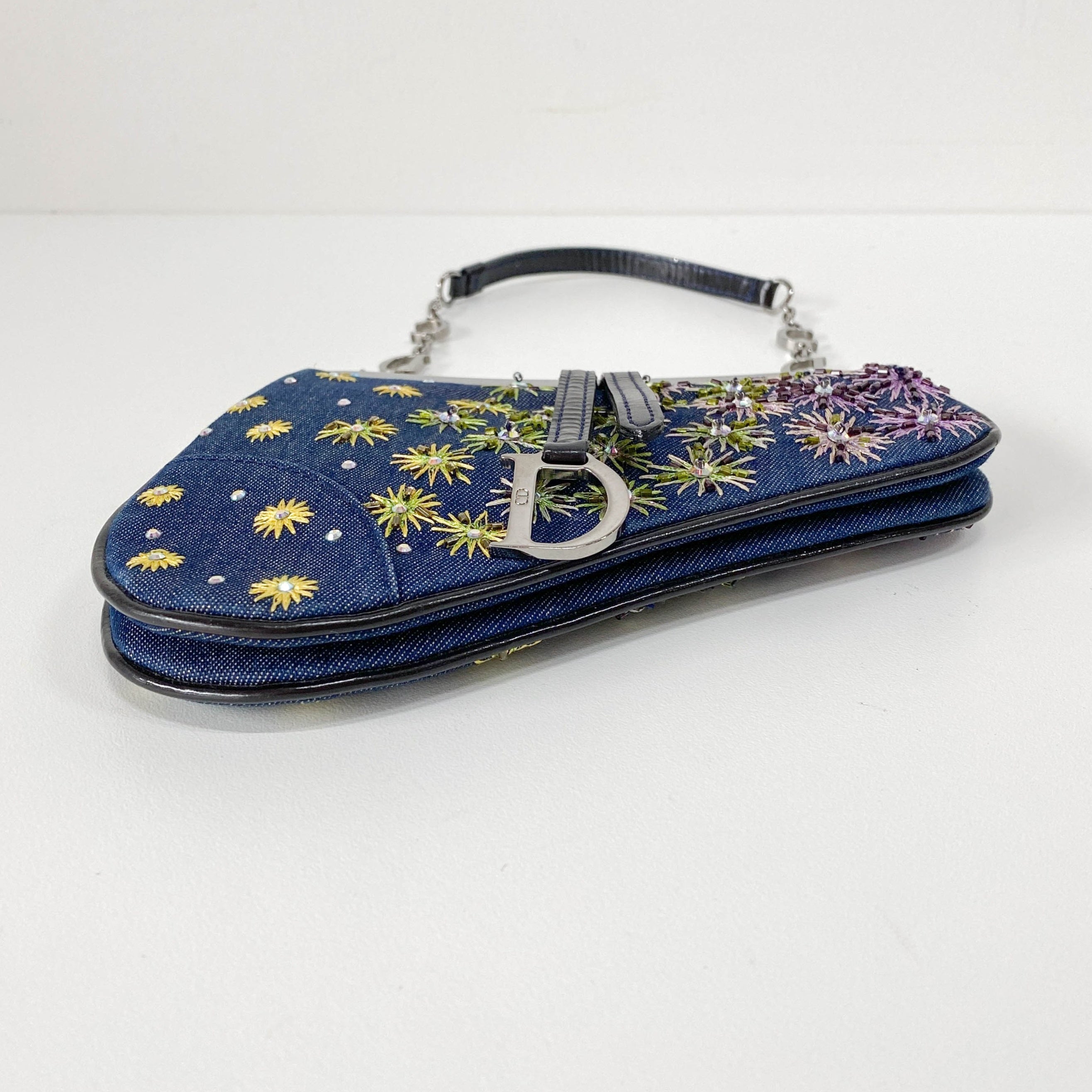 Saddle Denim Bead Embroidery Mini Chain Handle Bag