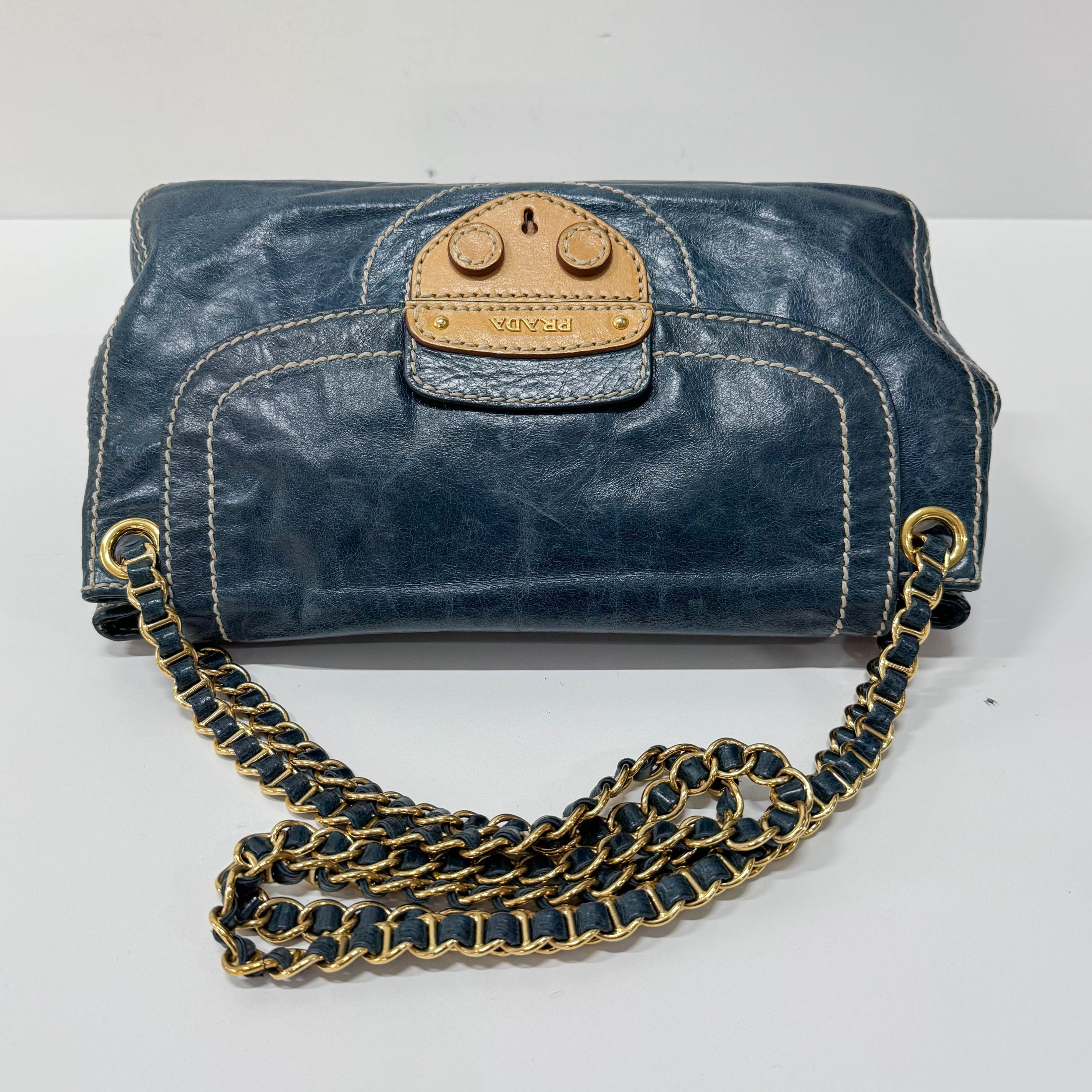 Blue Calfskin Leather Shoulder Bag