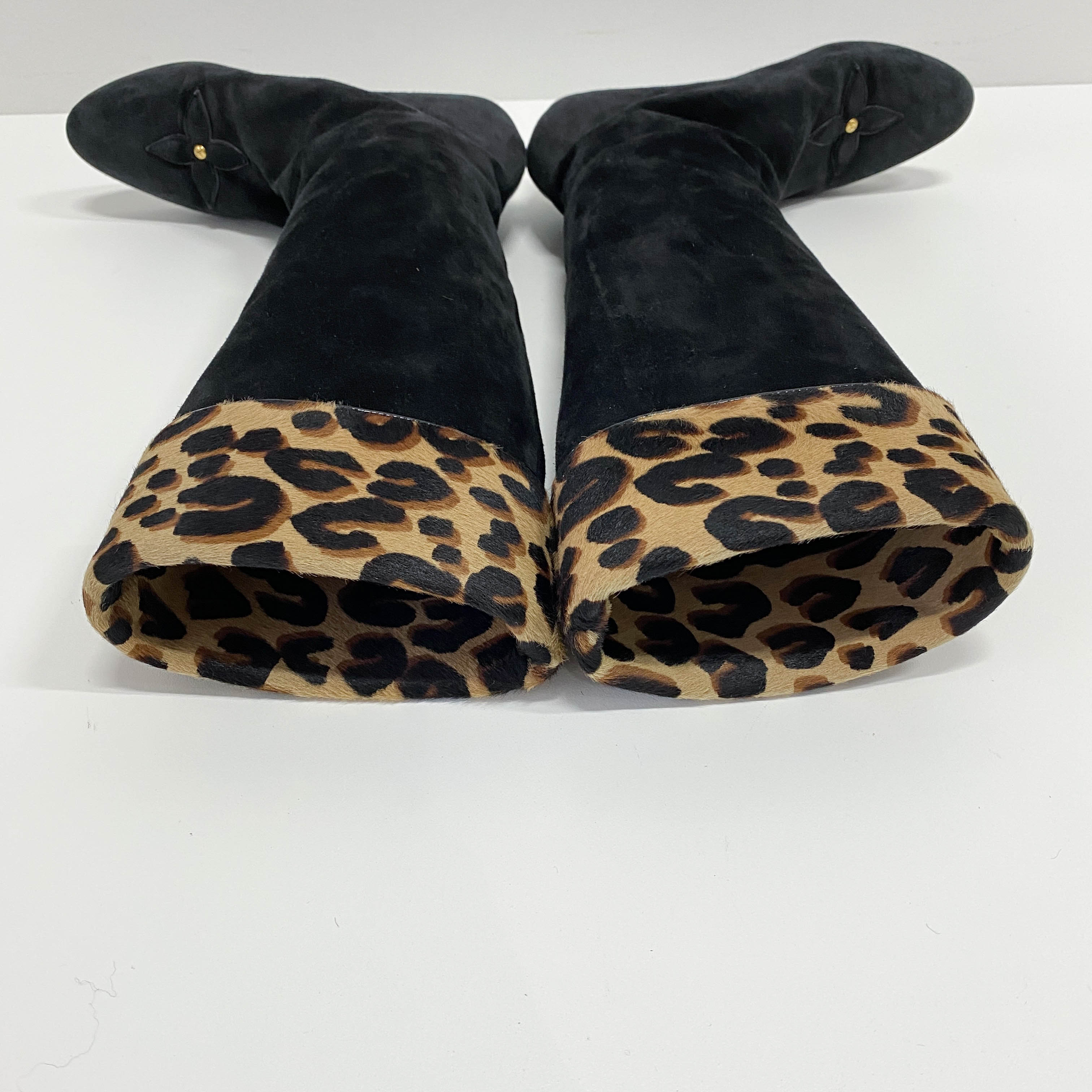 35 1/2 Black Suede Leopard Print Pony Hair Tall Boots