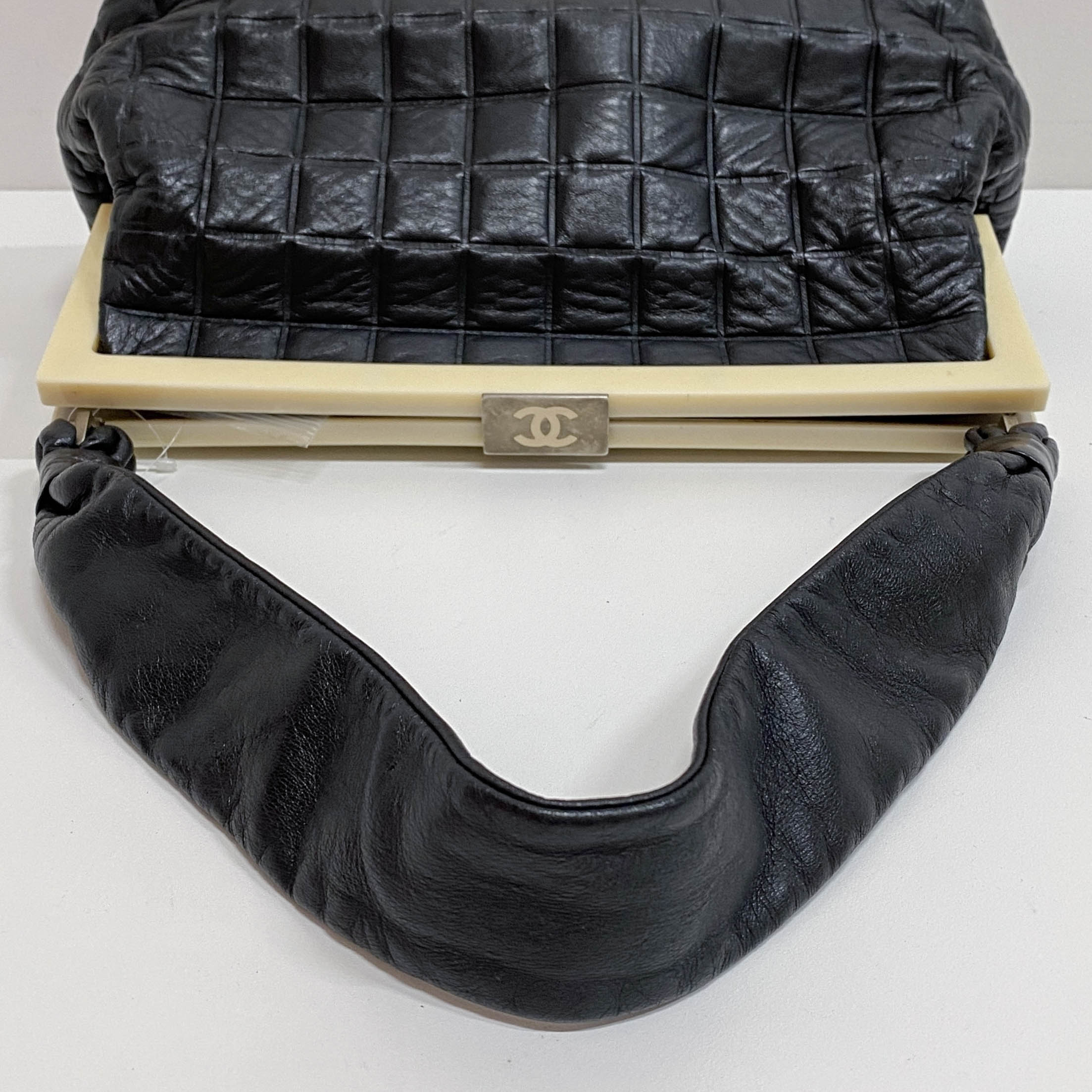 Vintage Chocolate Bar Black Quilted Lambskin Shoulder Bag