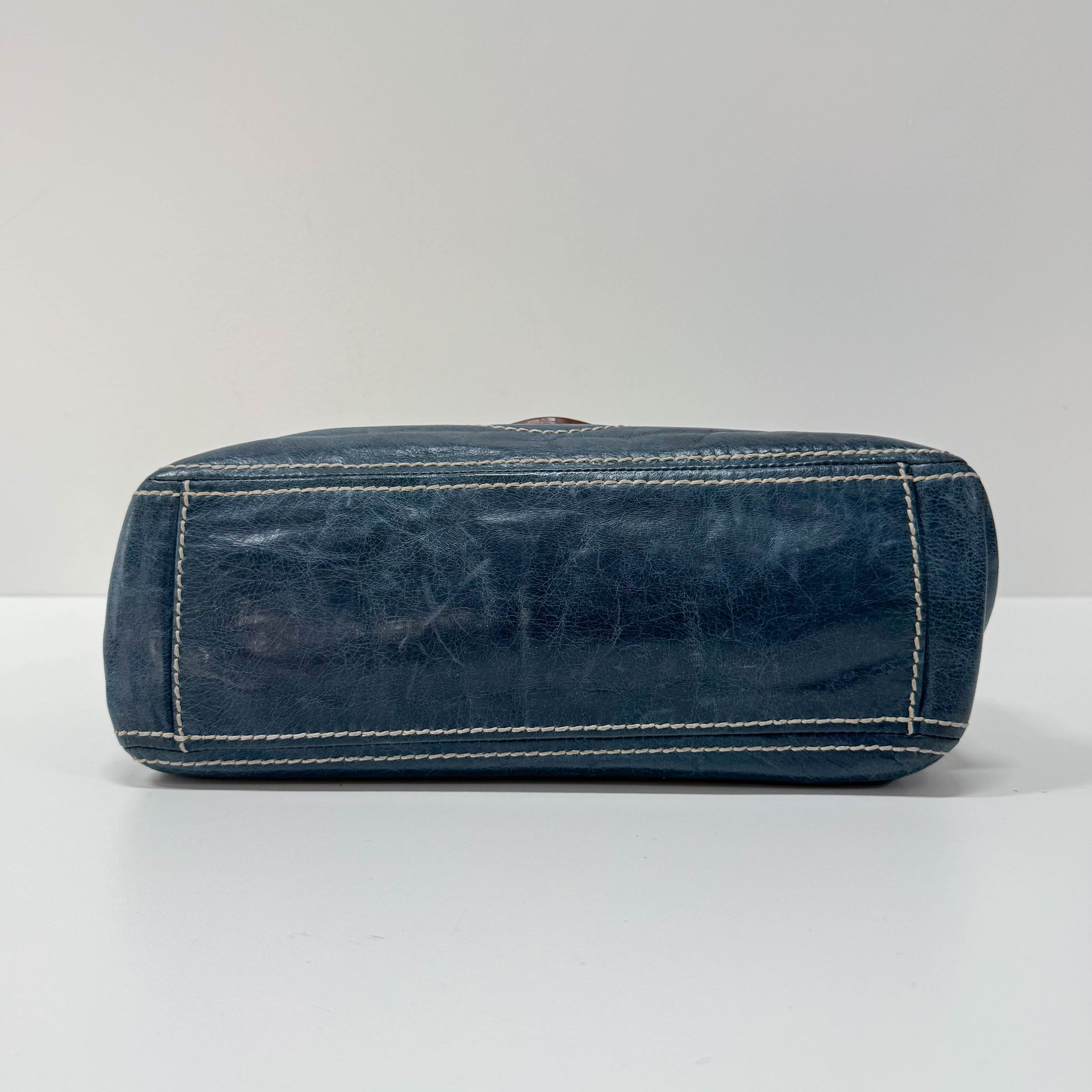 Blue Calfskin Leather Shoulder Bag