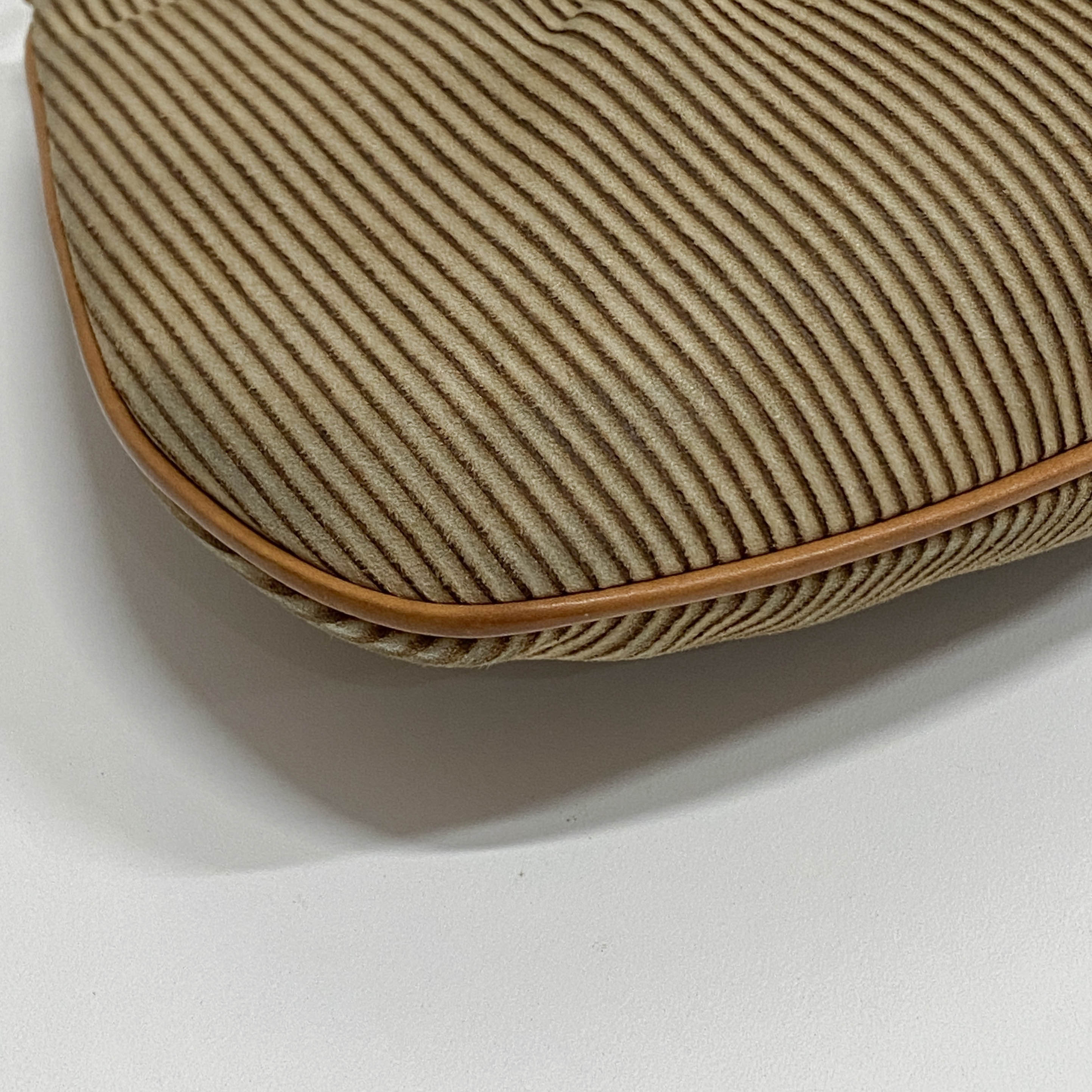 Beige Striped Suede Hobo Shoulder Bag