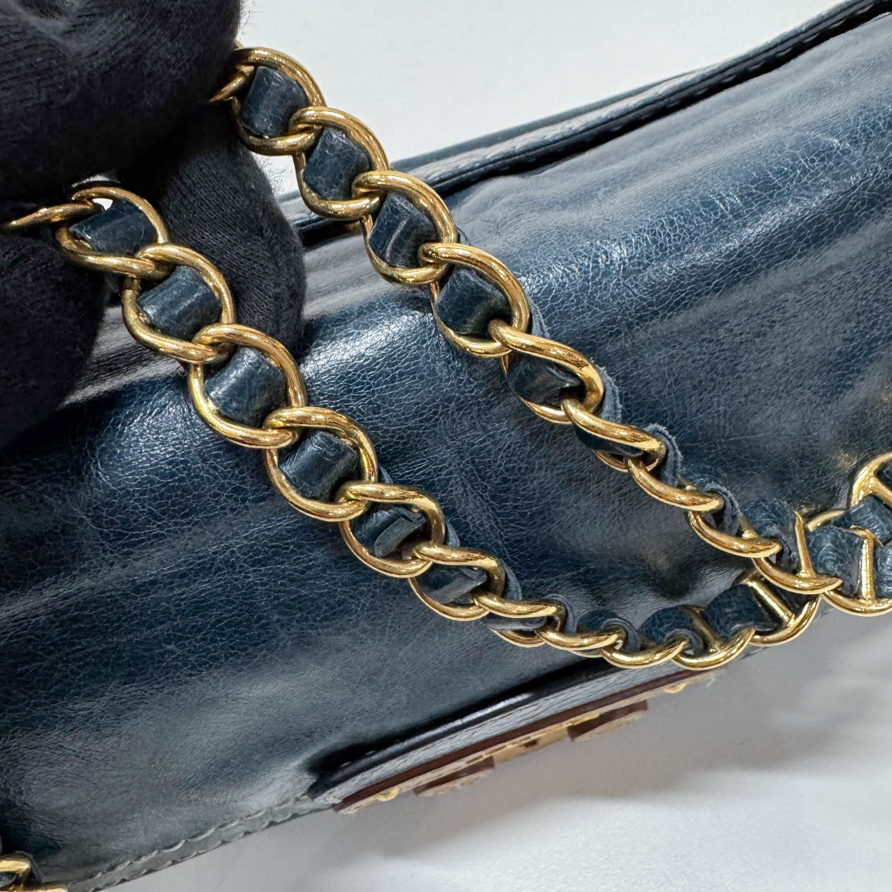 Blue Calfskin Leather Shoulder Bag