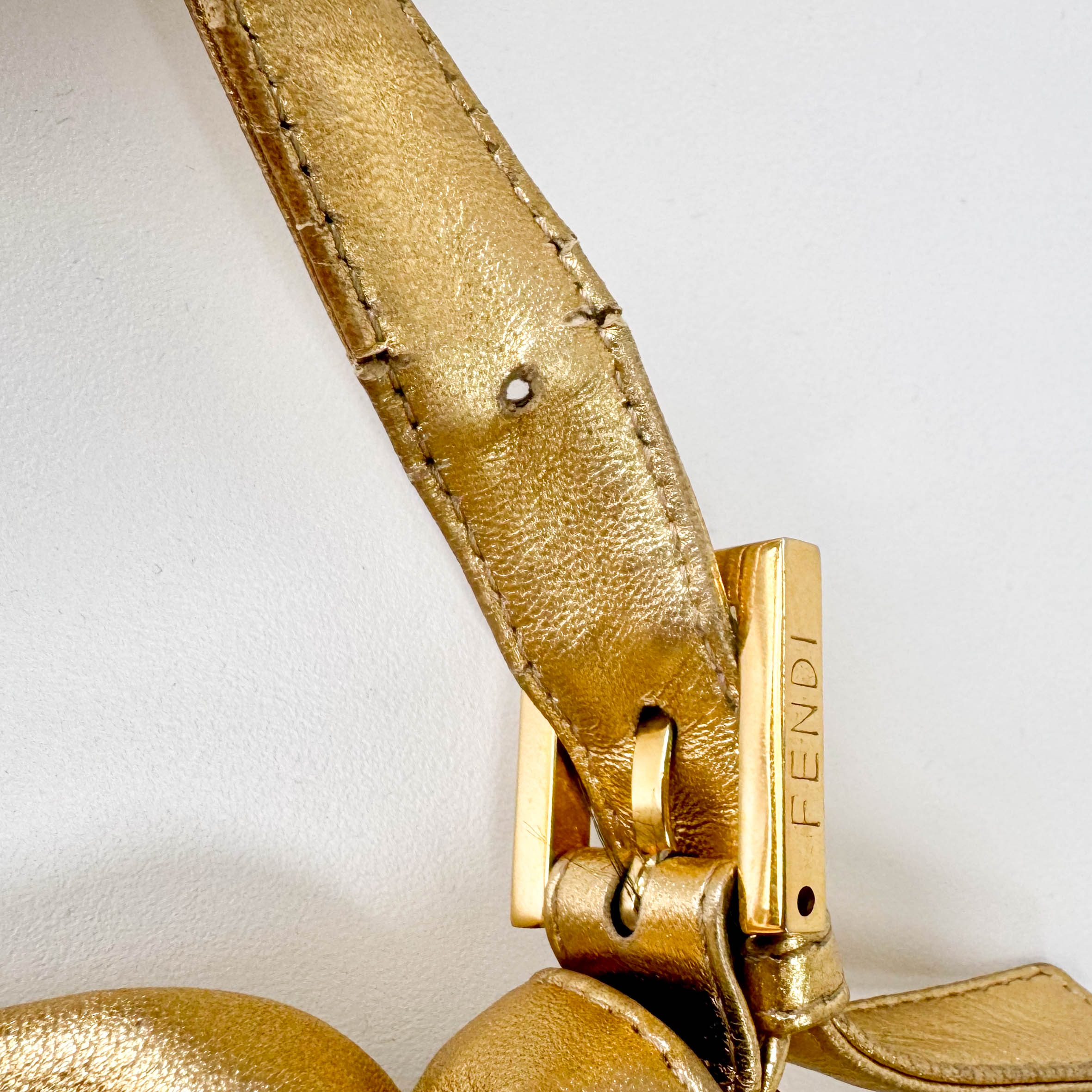 Baguette Gold Leather Rhinsotne Hardware Shoulder Bag