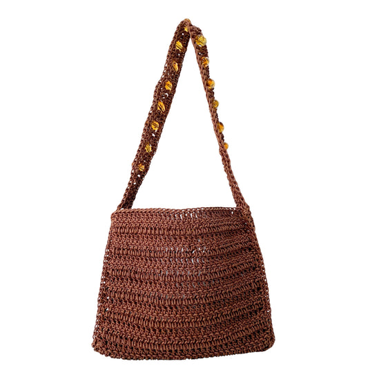 Casette Brown Cotton Beaded Shoulder Bag