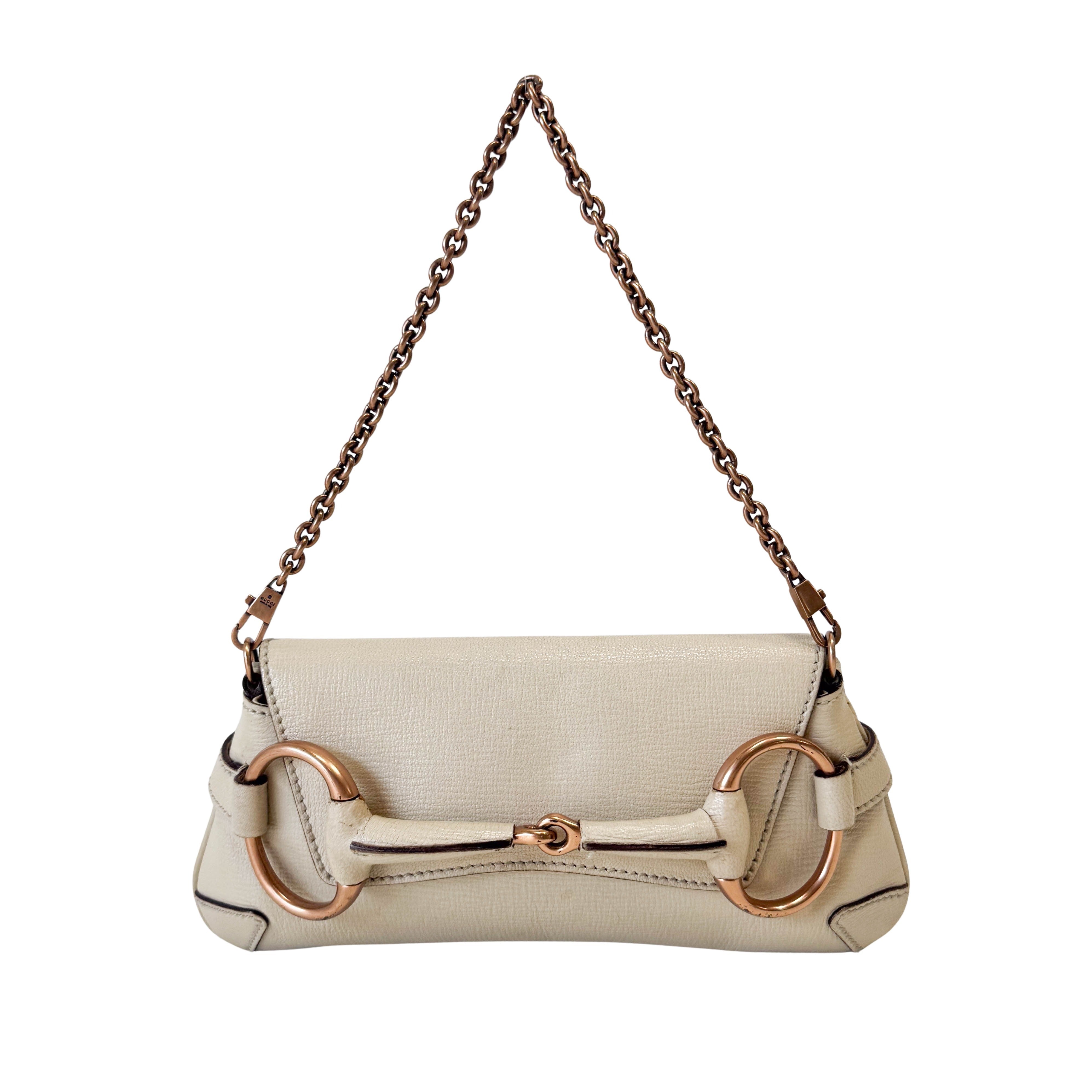 Horsebit Beige Leather Chain Shoulder Bag