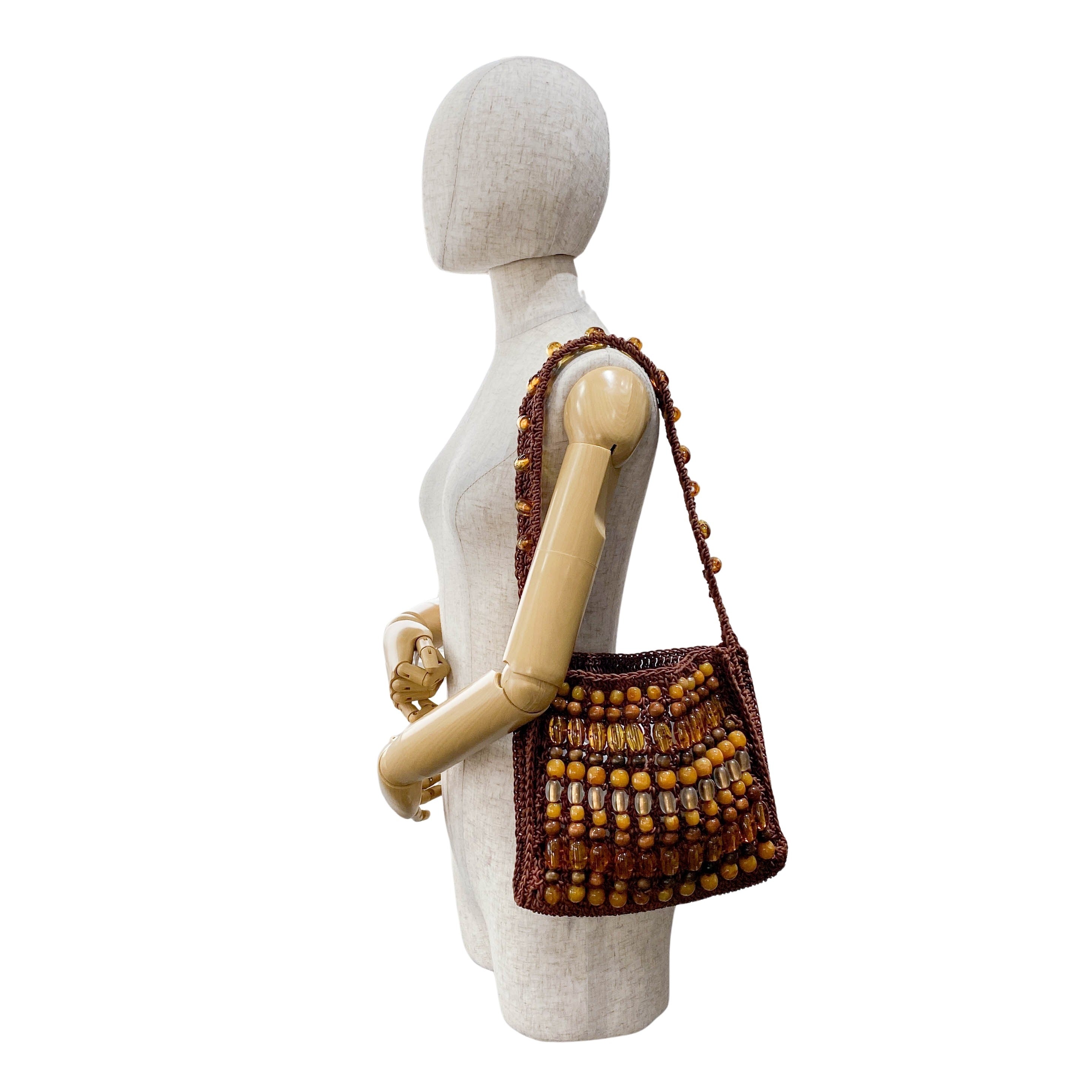 Casette Brown Cotton Beaded Shoulder Bag