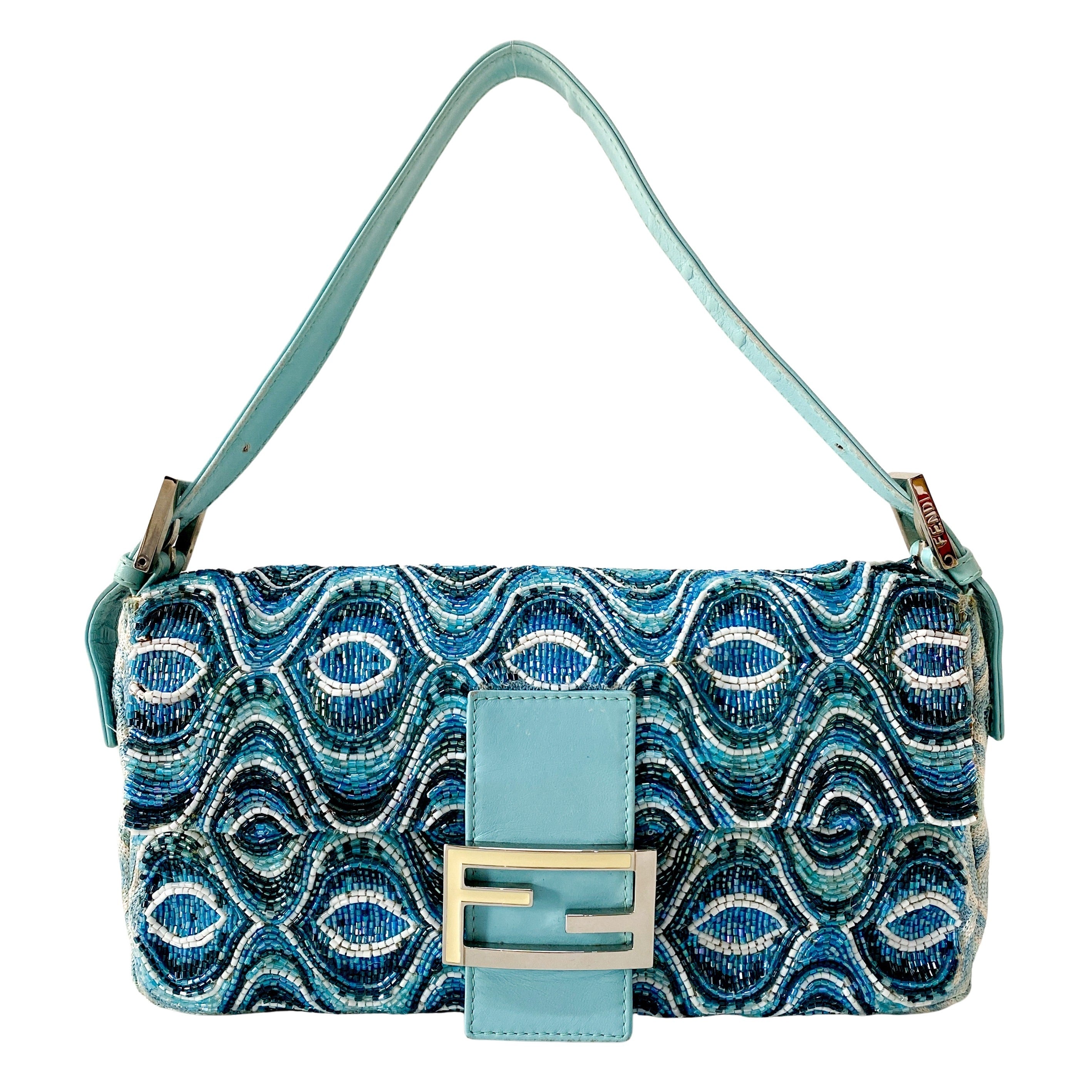 Baguette Light Blue Embroidered Beads Shoulder Bag