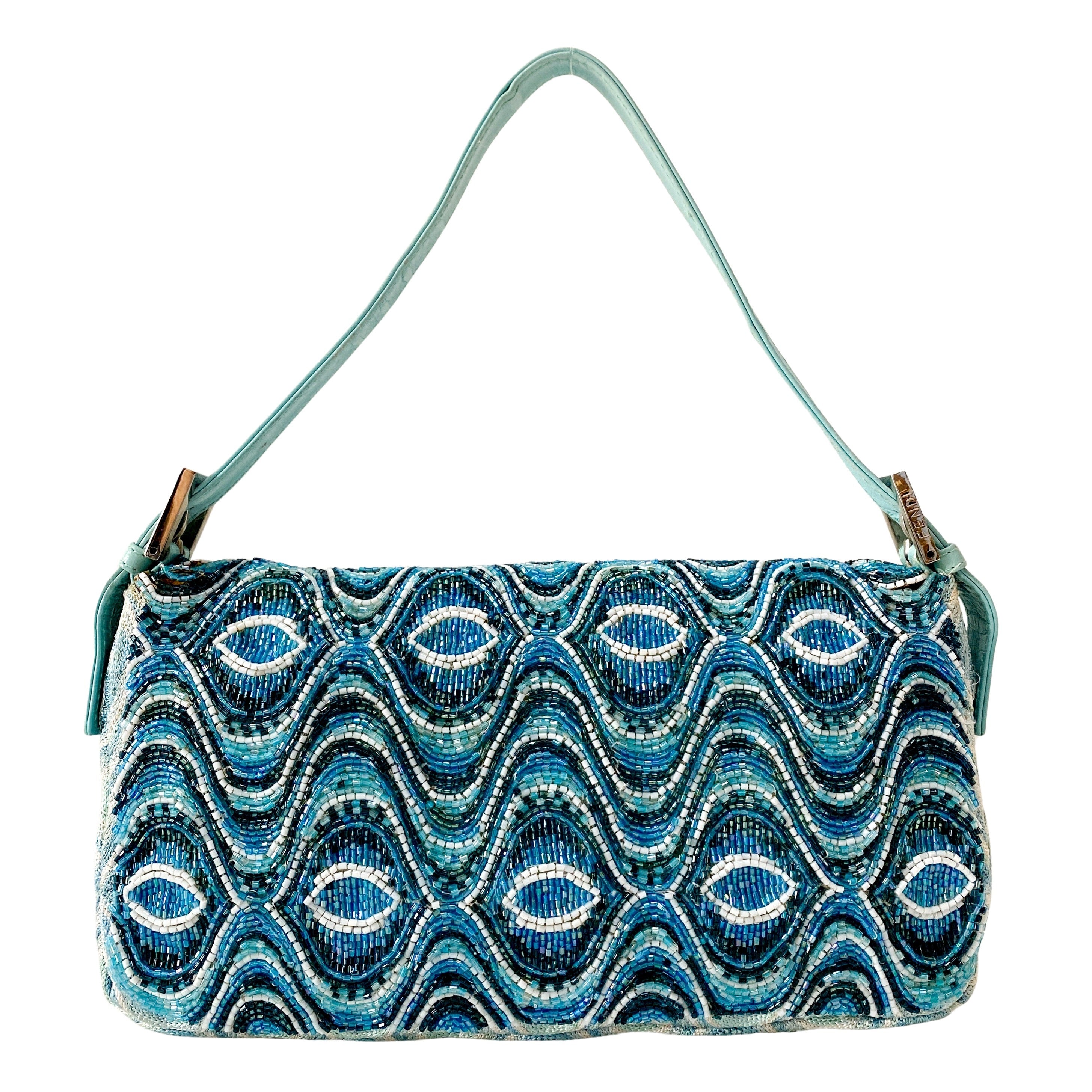 Baguette Light Blue Embroidered Beads Shoulder Bag