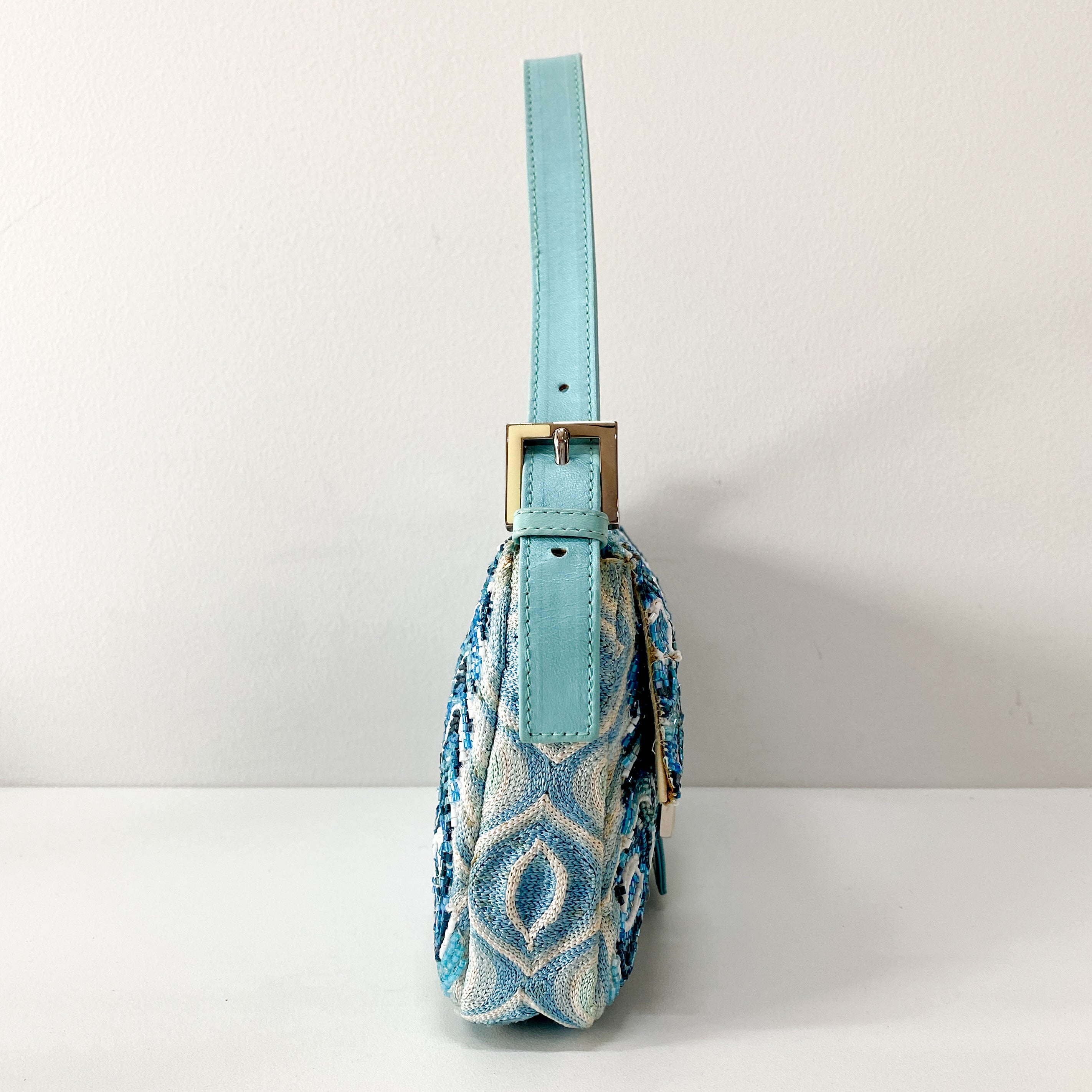 Baguette Light Blue Embroidered Beads Shoulder Bag