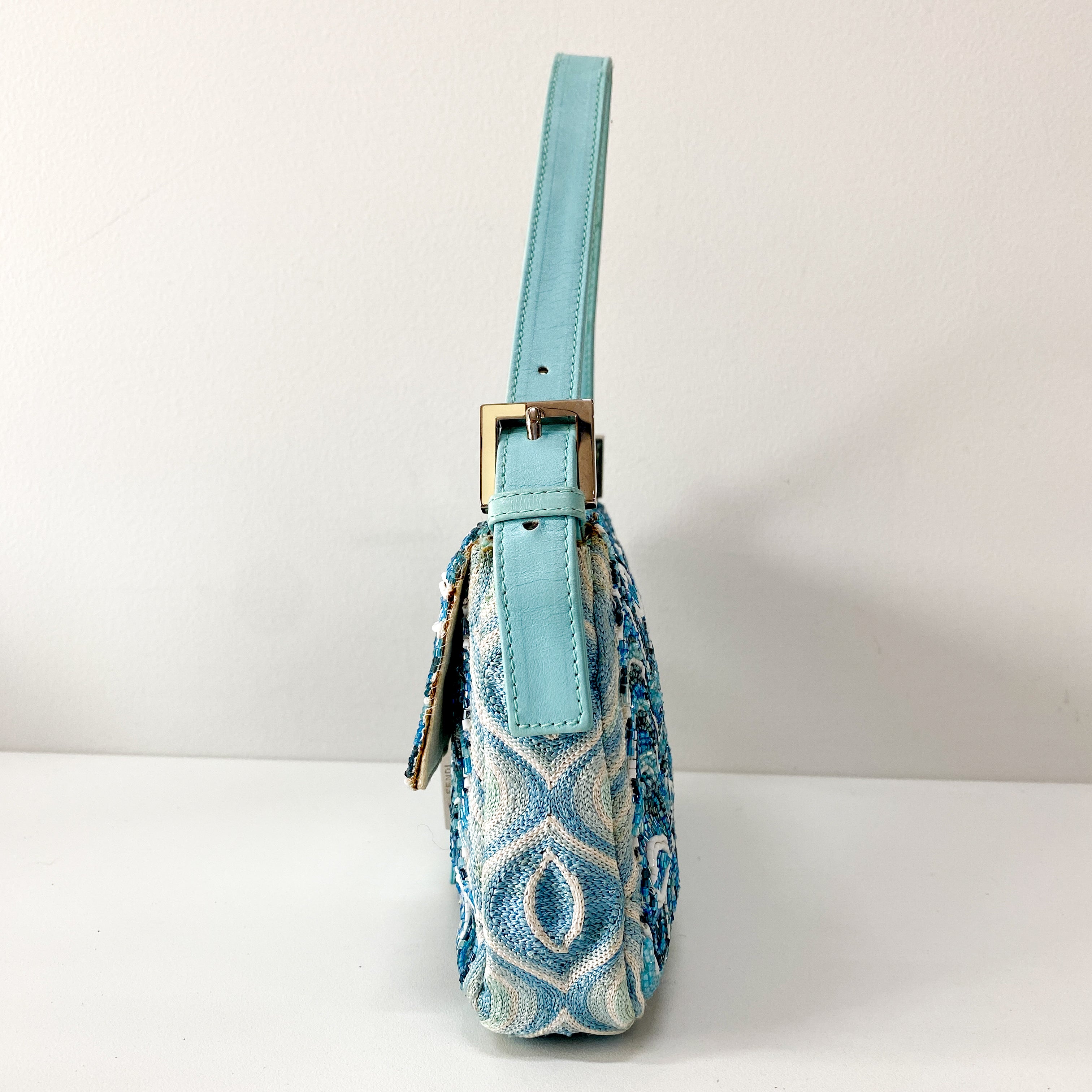 Baguette Light Blue Embroidered Beads Shoulder Bag