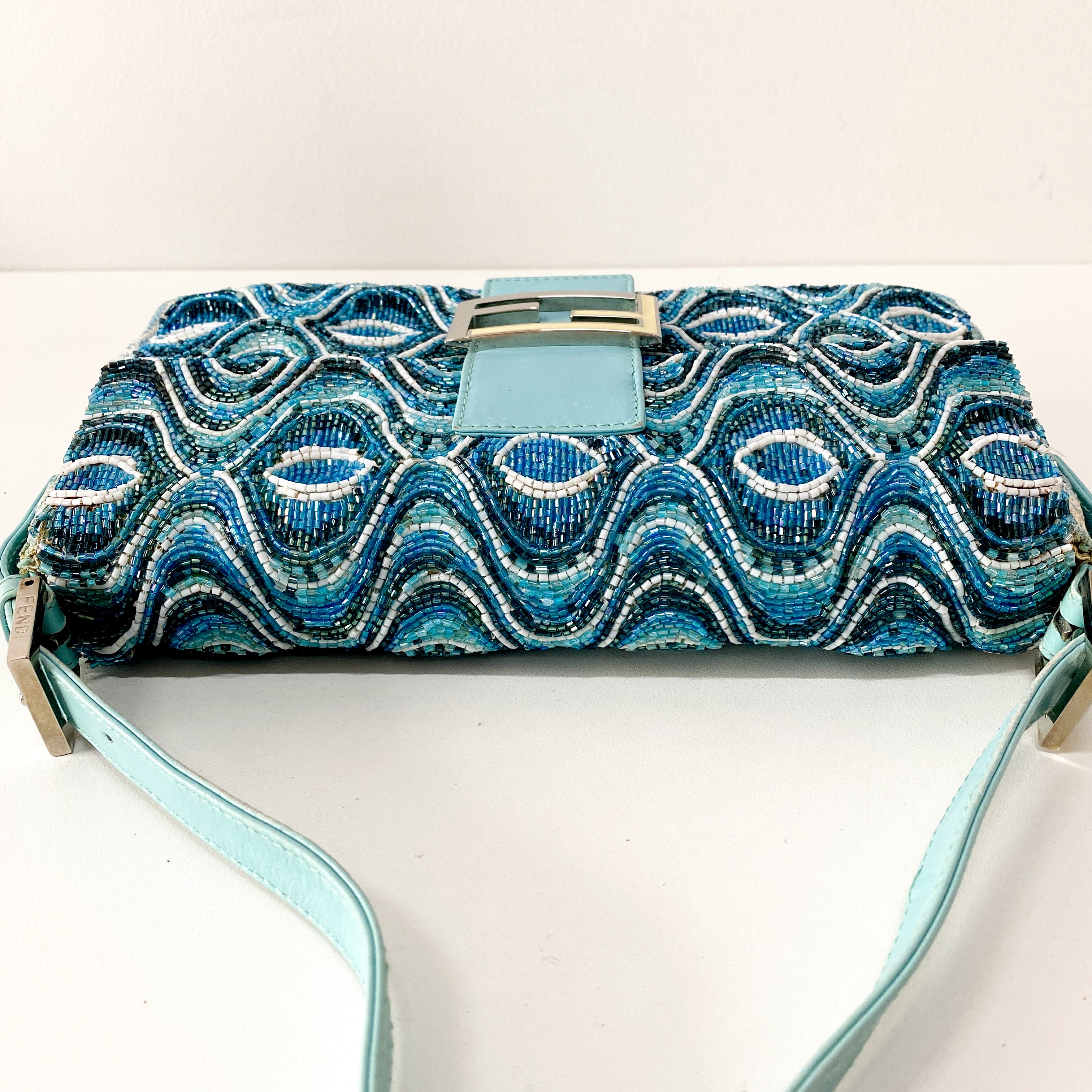 Baguette Light Blue Embroidered Beads Shoulder Bag