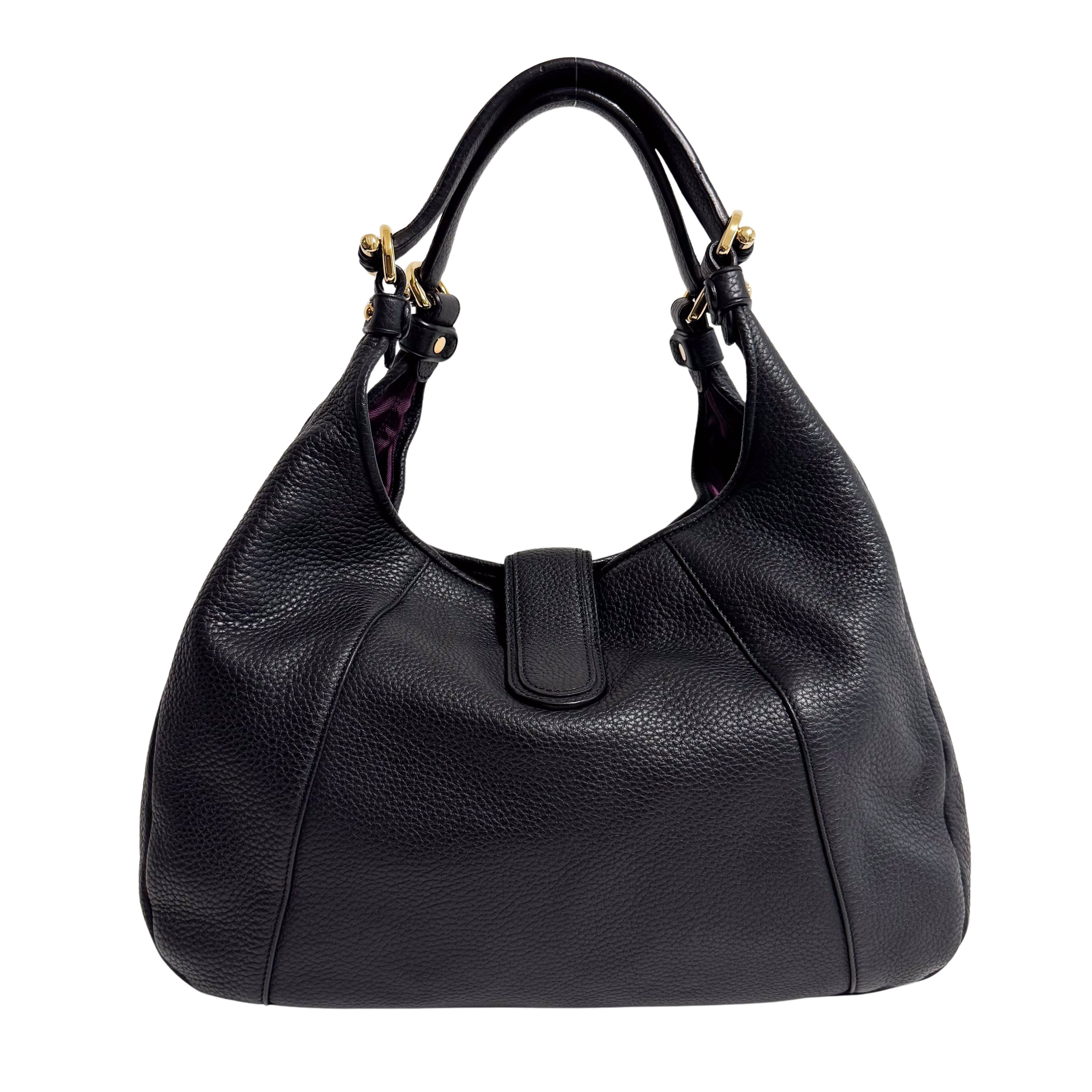 Black Pebbled Leather Handle Bag with Padlock