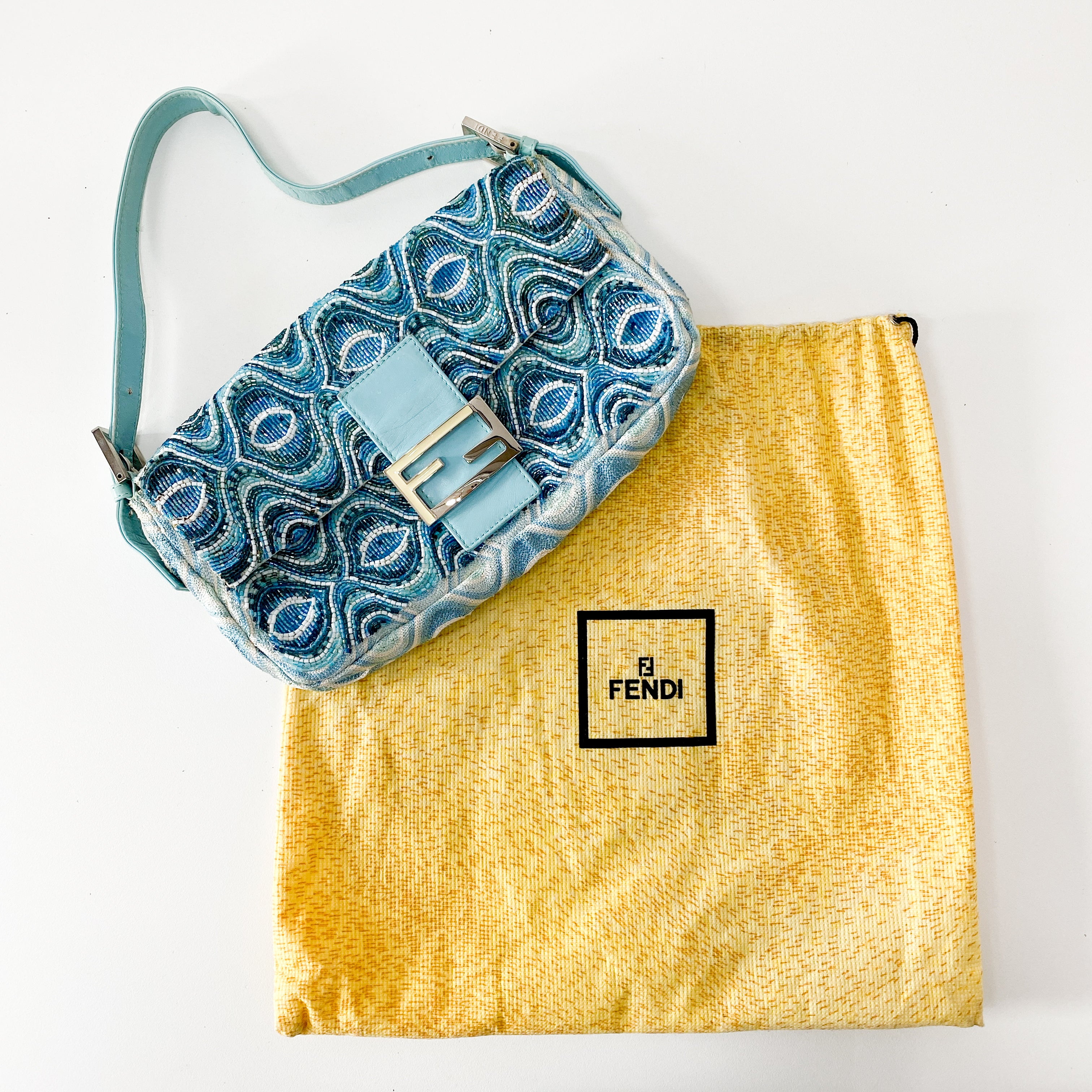 Baguette Light Blue Embroidered Beads Shoulder Bag